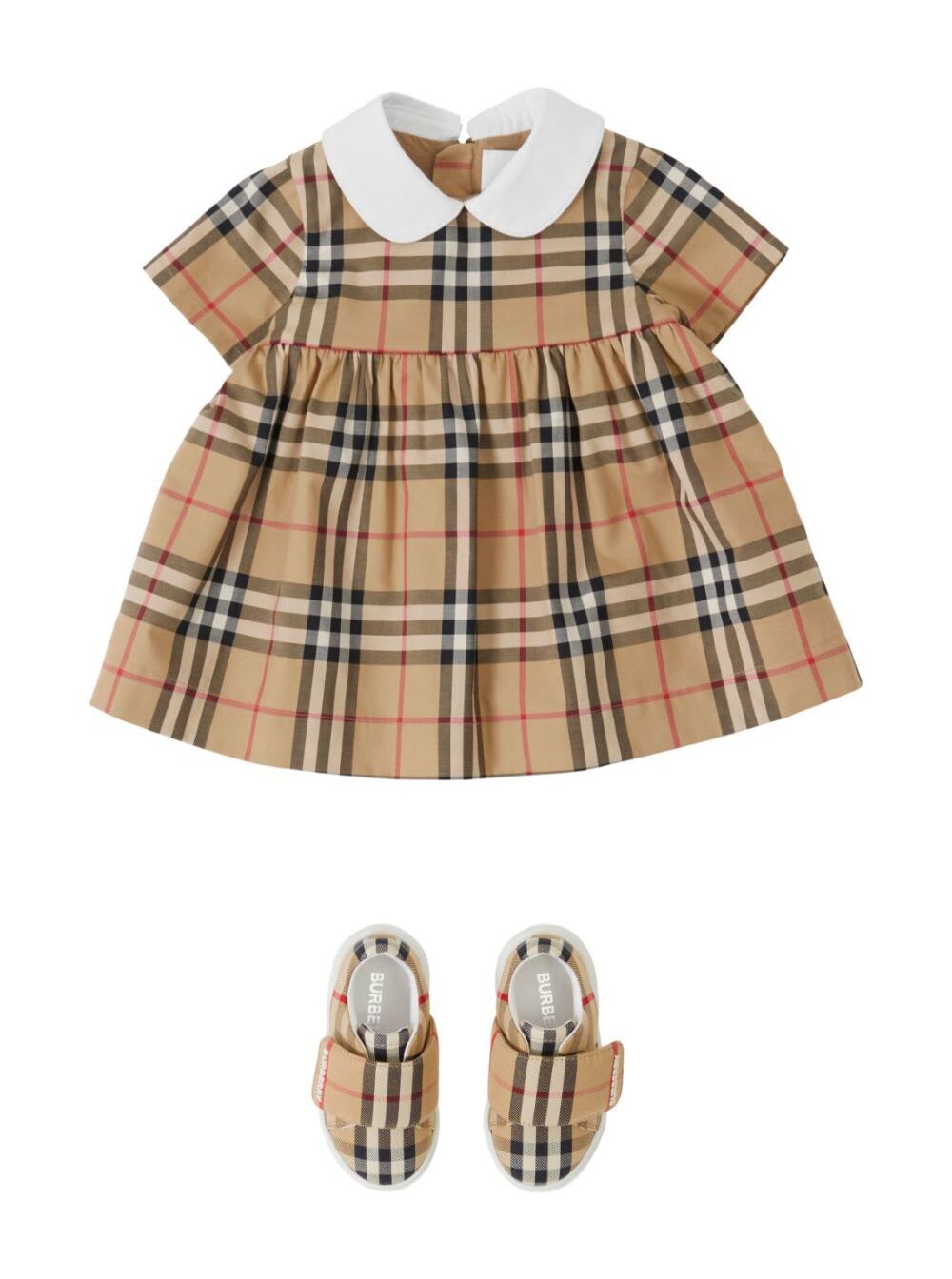 Shop Burberry Beige Dress With Vintage Check Motif In Stretch Cotton Baby
