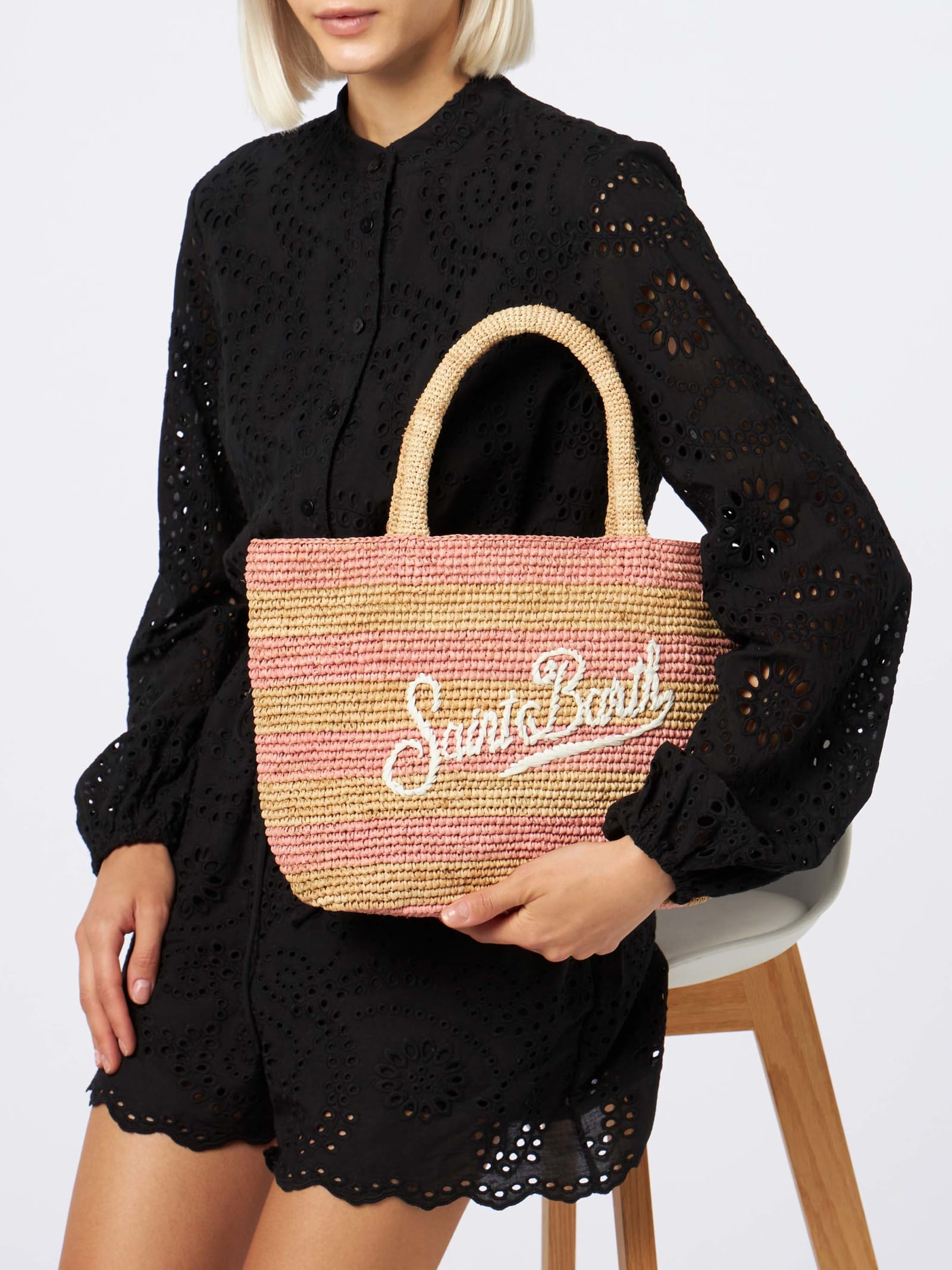 Shop Mc2 Saint Barth Pink Striped Raffia Beach Midi Bag With Cotton Pouch