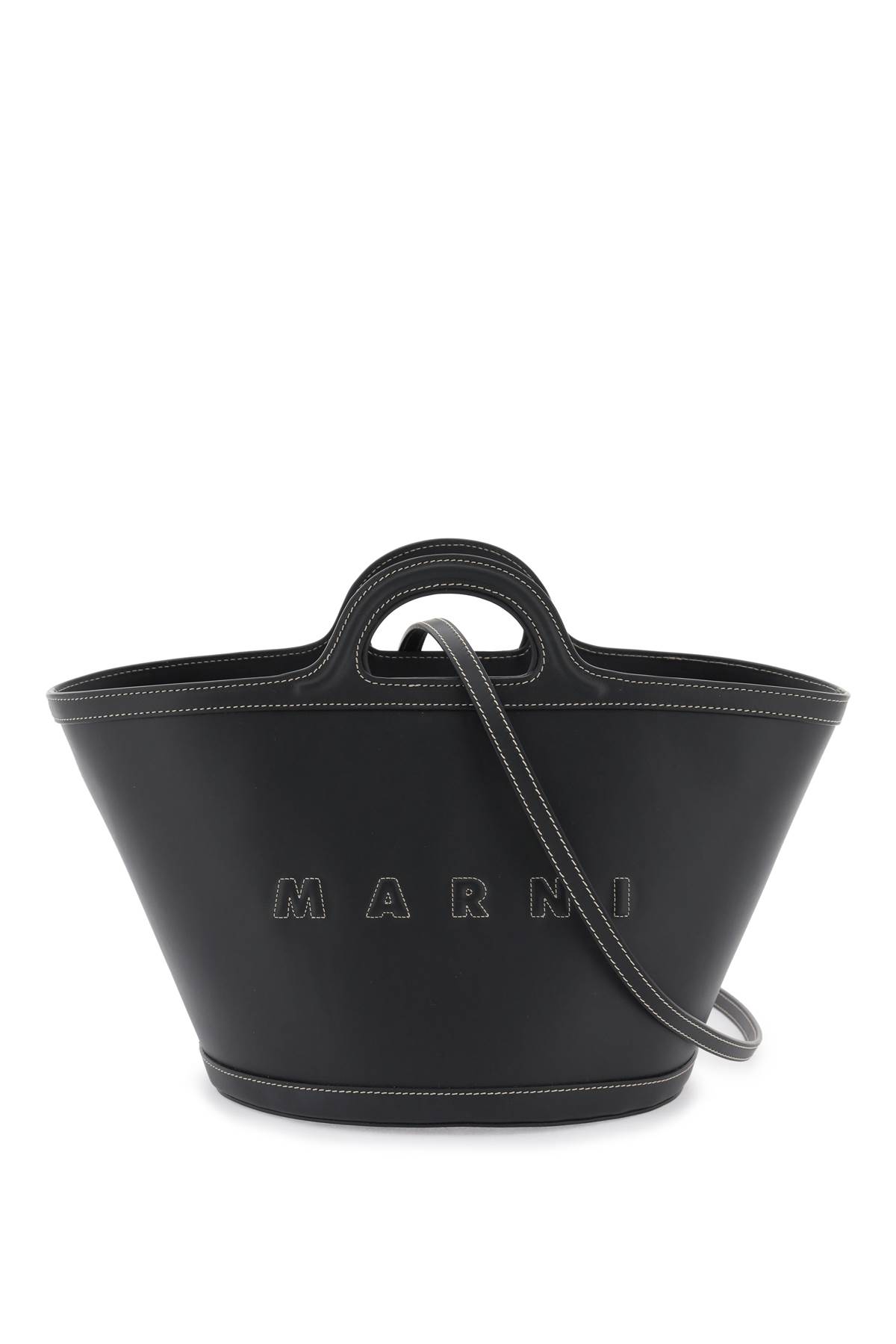Shop Marni Leather Small Tropicalia Bucket Bag In Black (black)