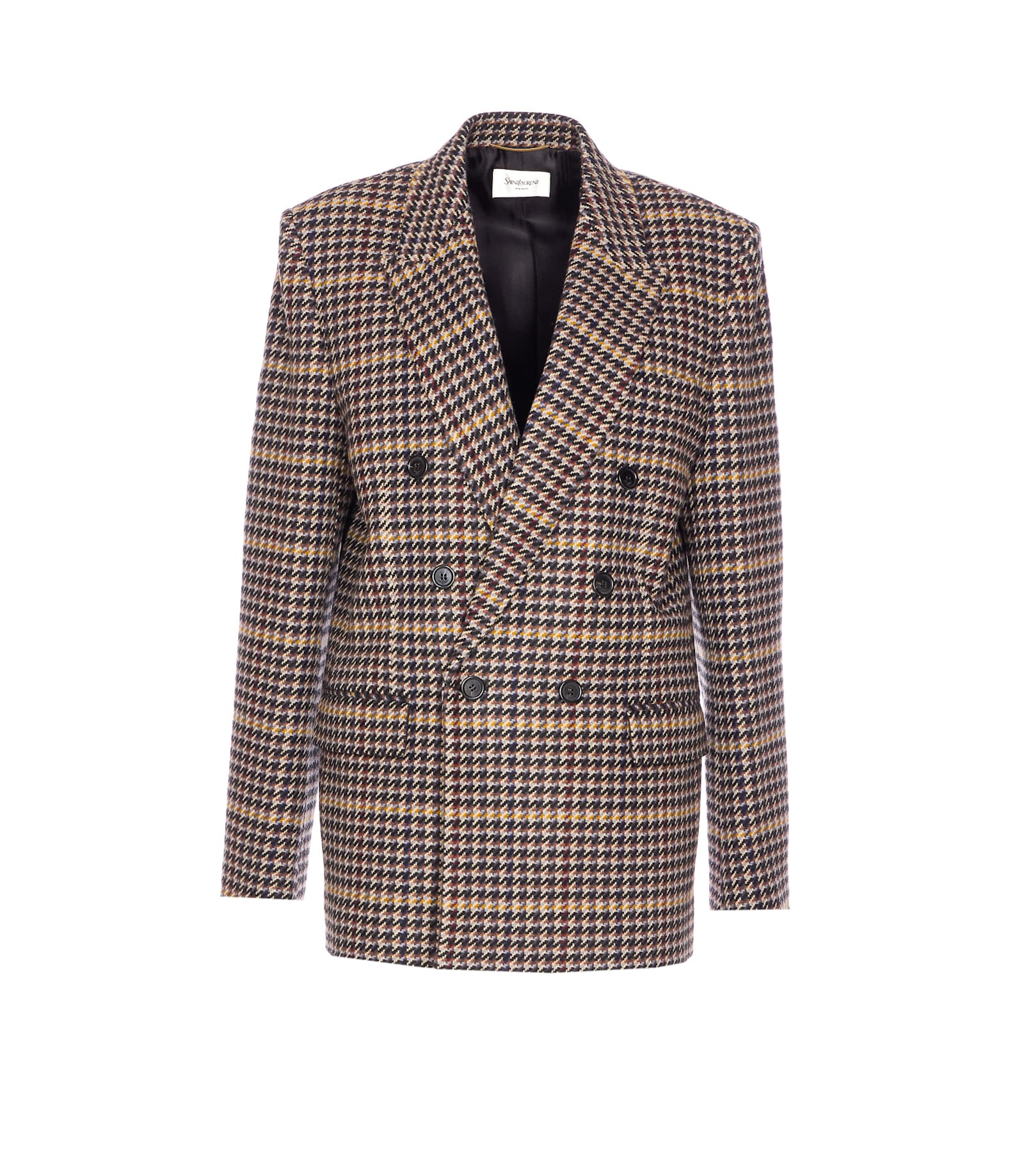 Saint Laurent Brown Double-breasted Jacket With Notched Revers And All-over Check Motif In Wool Woman
