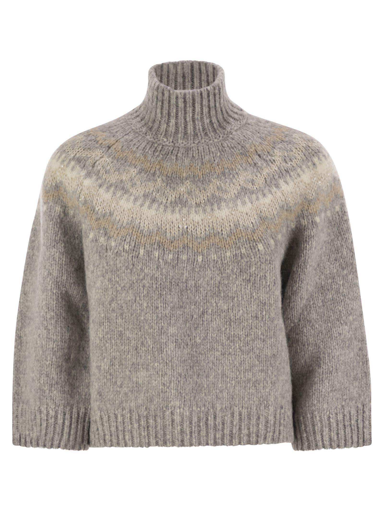 Shop Peserico Jacquard High Neck Sweater In Alpaca, Wool And Micropaillettes In Grey