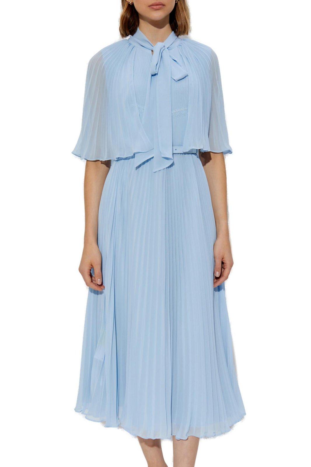 SELF-PORTRAIT PLEATED CHIFFON CAPE MIDI DRESS