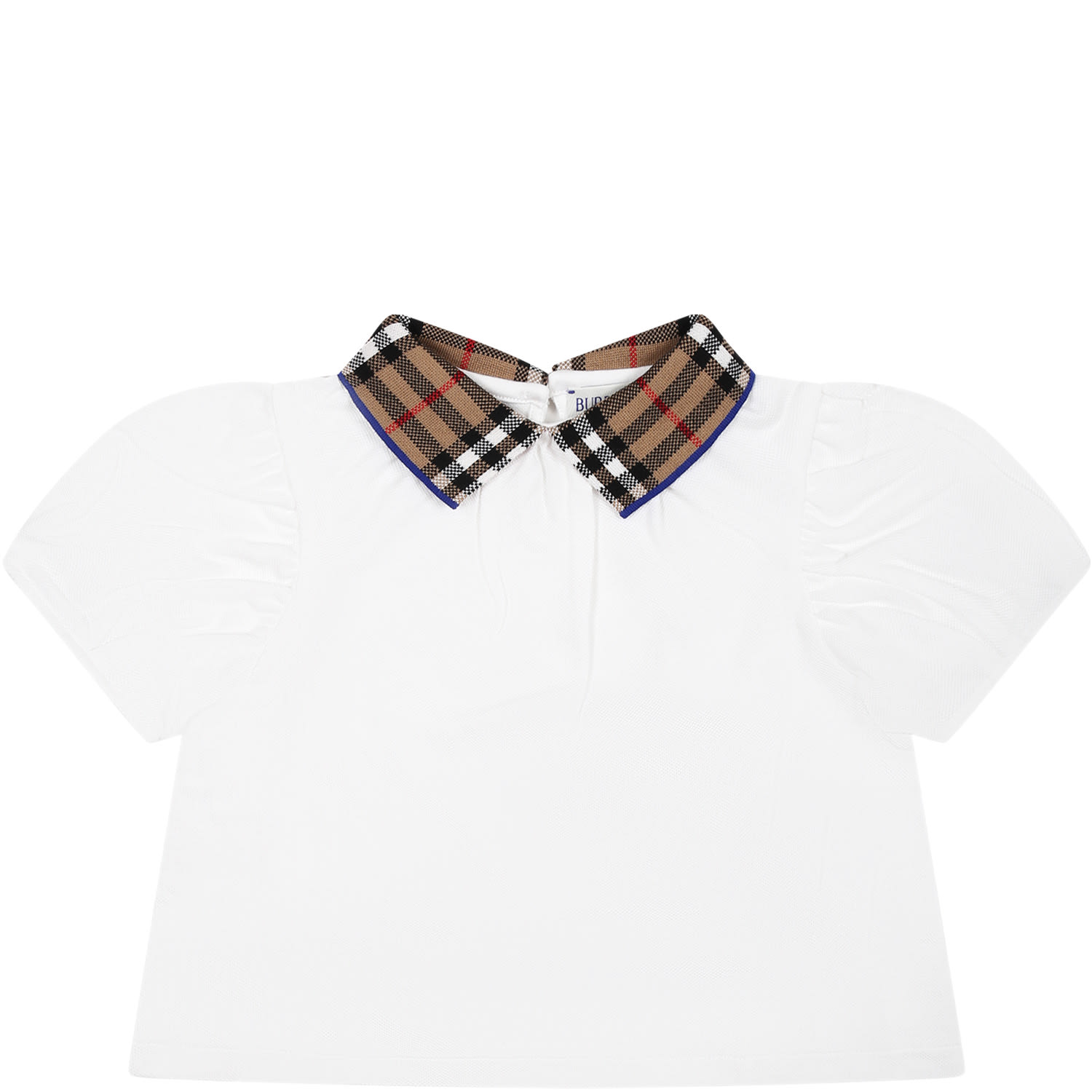 Burberry White T-shirt For Baby Girl With Vintage Check On The Collar