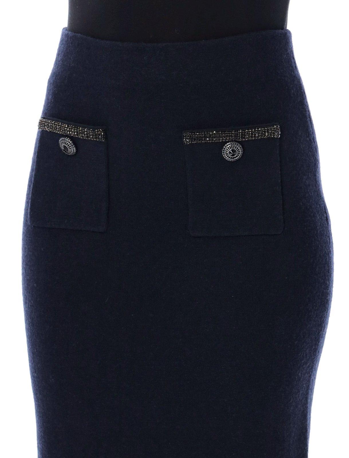 Shop Self-portrait Embellished Knit Midi Skirt In Blue