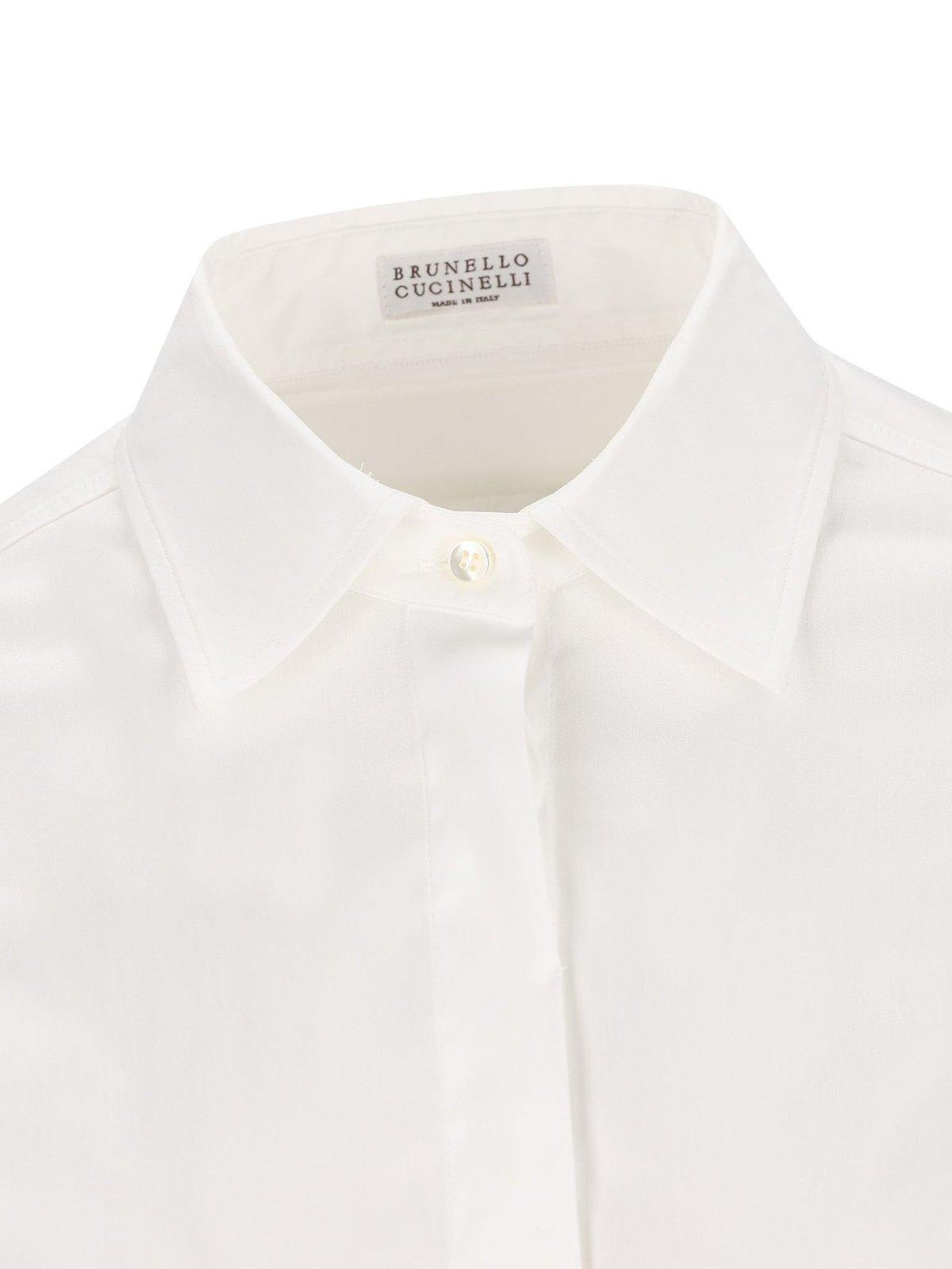 Brunello Cucinelli Embellished Stretch Poplin Shirt In Bianco