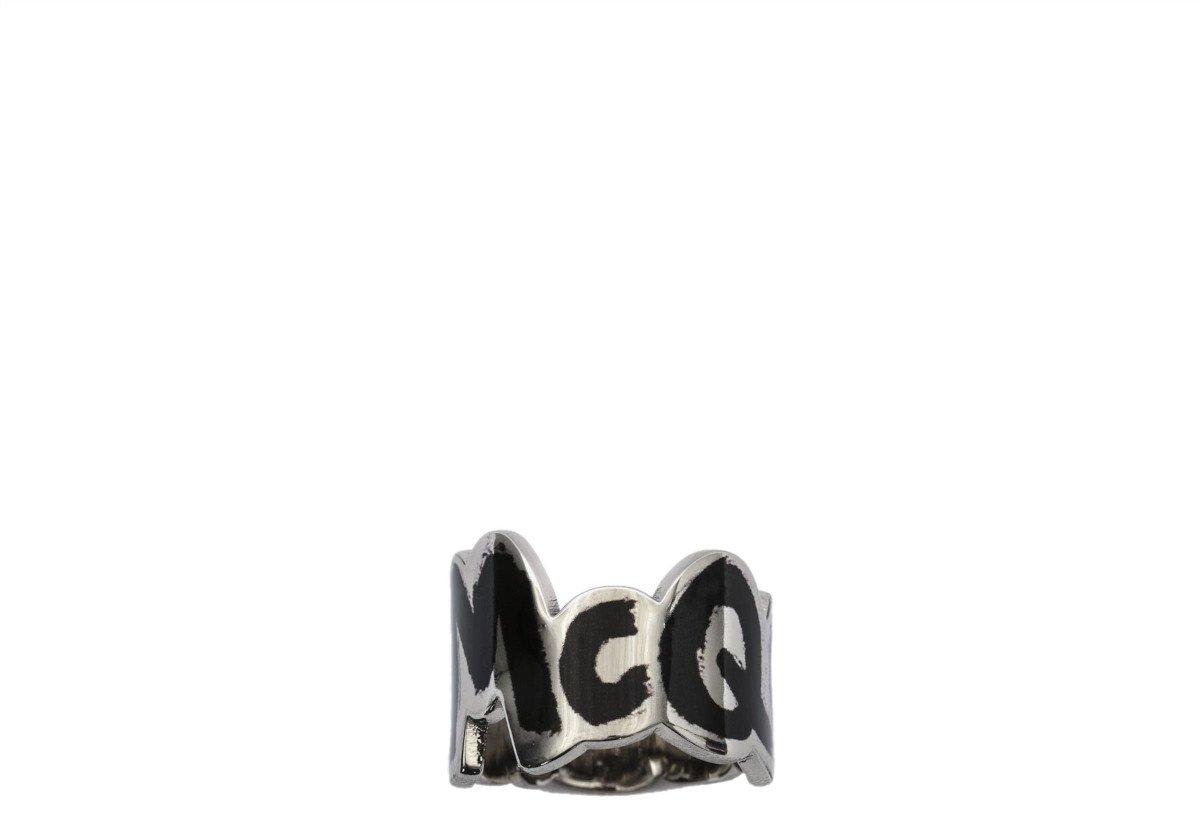 Shop Alexander Mcqueen Logo Engraved Cut Out Ring In Nero E Argento