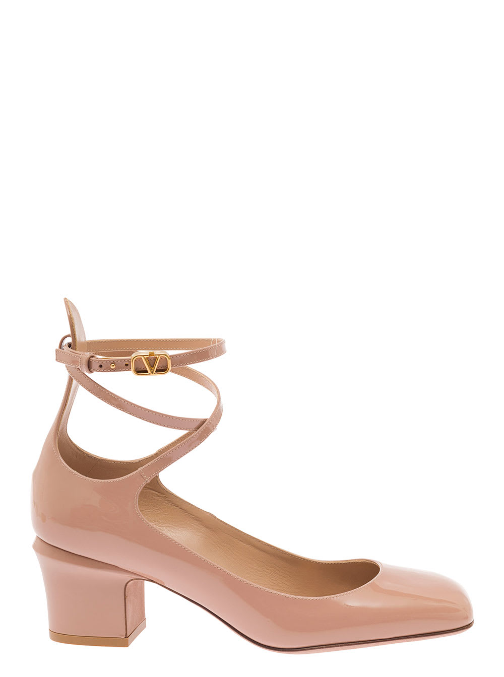 Shop Valentino Tan-go Bege Dècolletè With V-logo Buckle In Patent Leather Woman In Pink