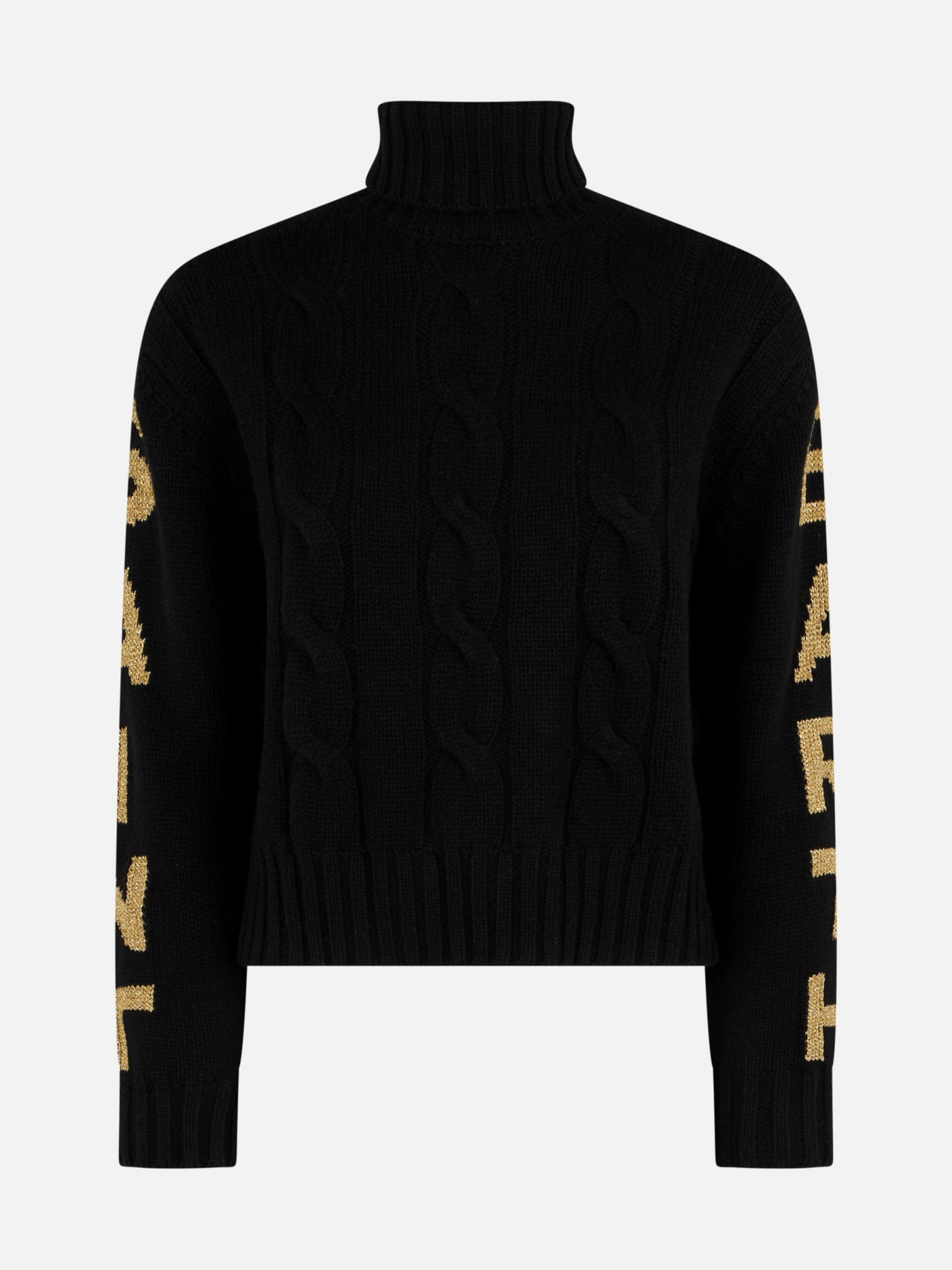 Shop Mc2 Saint Barth Woman Turtleneck Braided Sweater With Saint Barth Jacquard Print In Black