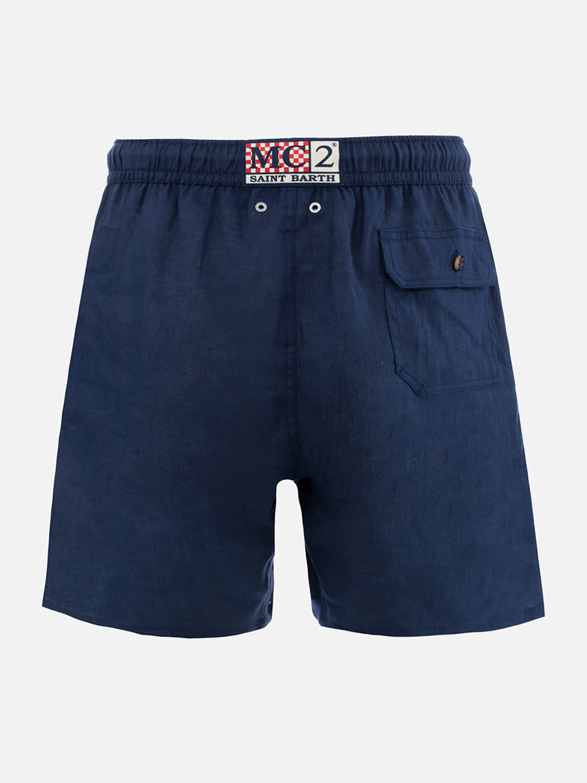 Shop Mc2 Saint Barth Man Mid-length Navy Blue Linen Swim-shorts Gustavia