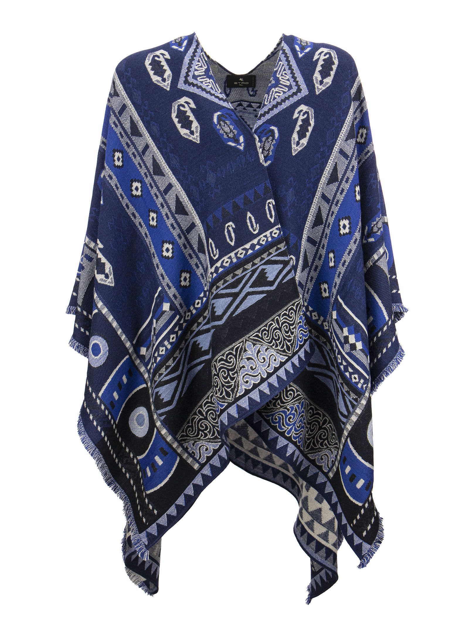 Etro Jacquard Cape With Paisley Motifs In Blue