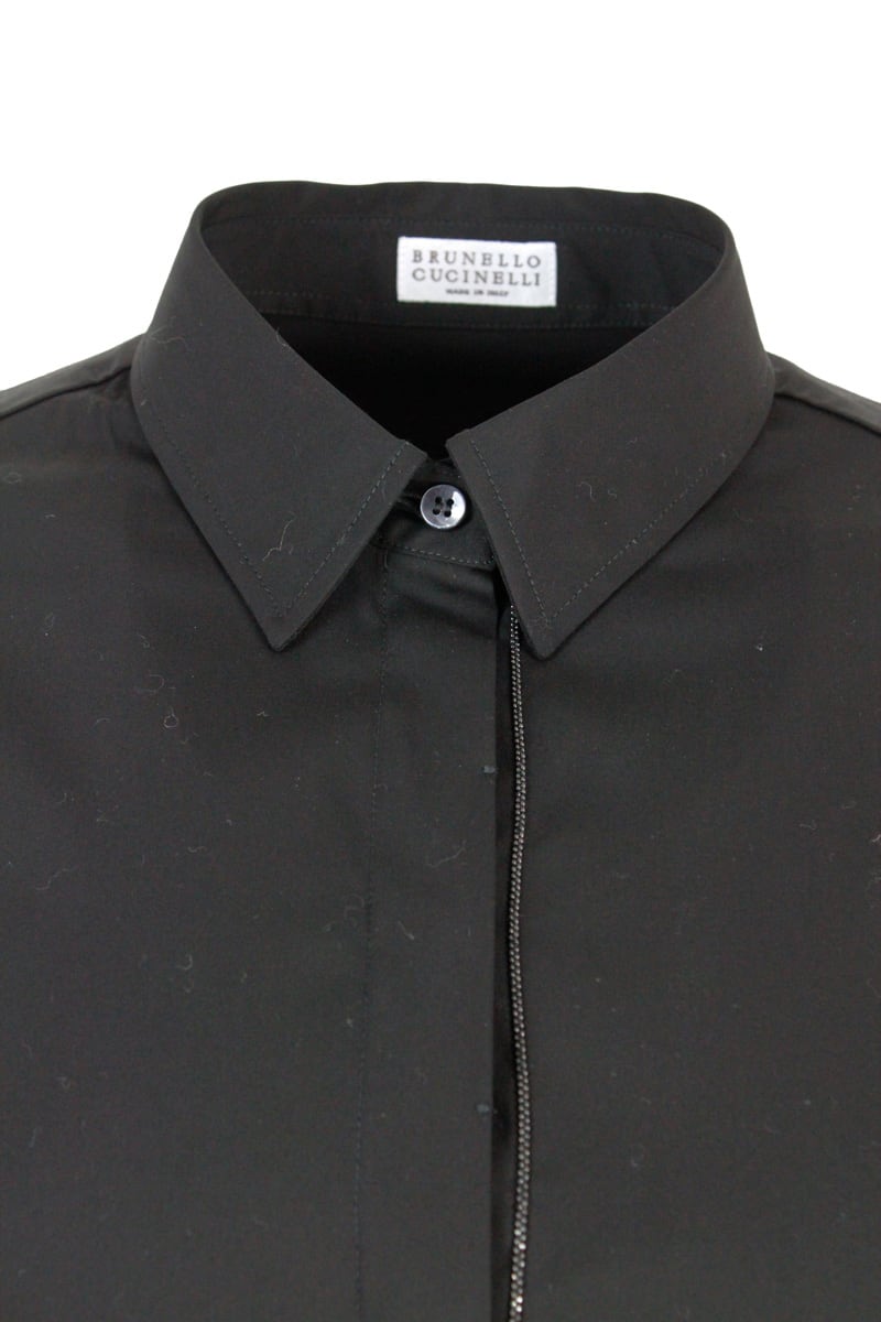 Shop Brunello Cucinelli Long-sleeved Shirt In Stretch Cotton With Long Monili Closure In Black