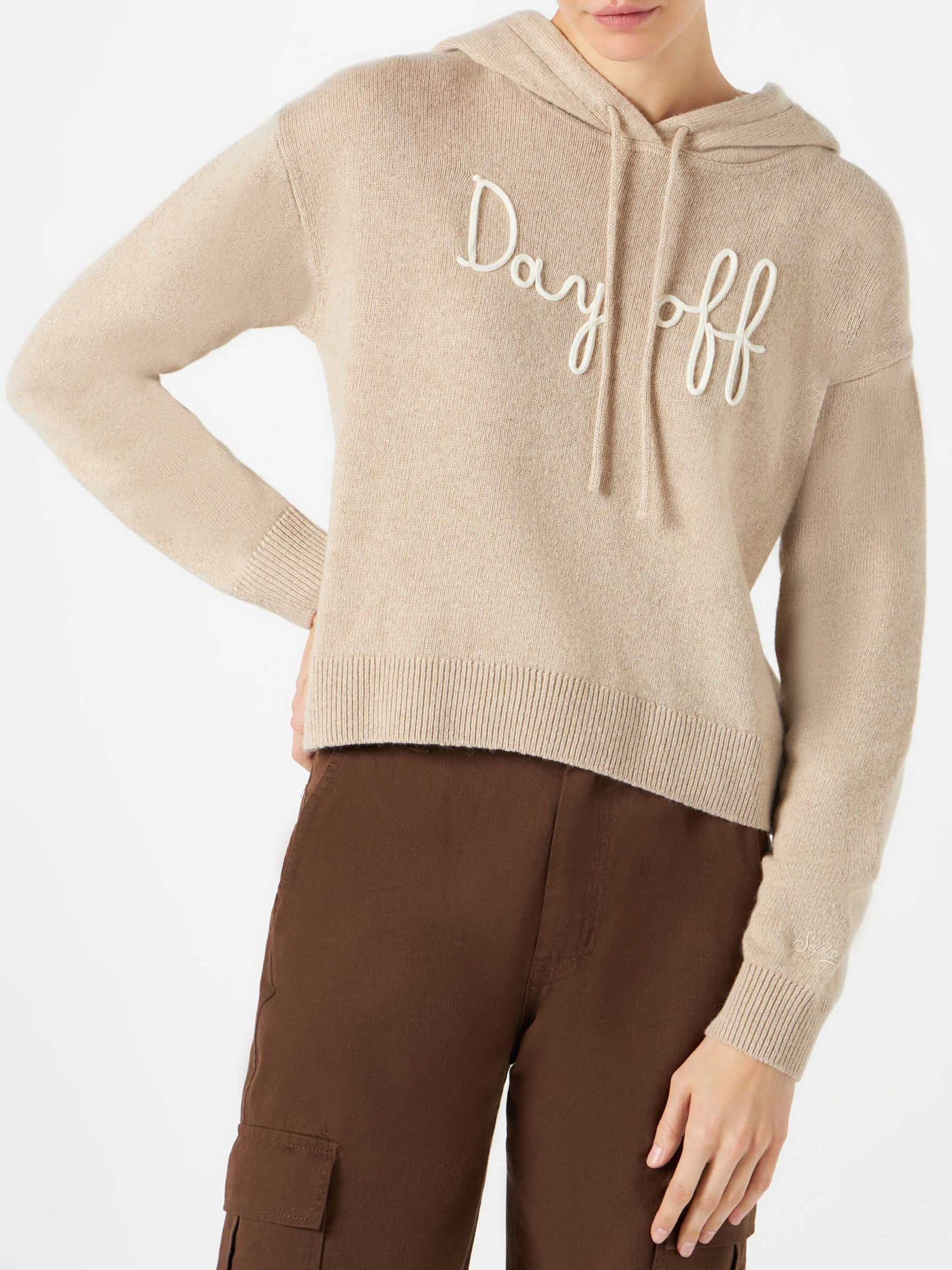 MC2 Saint Barth Woman Cropped Knit Hoodie With Day Off Embroidery