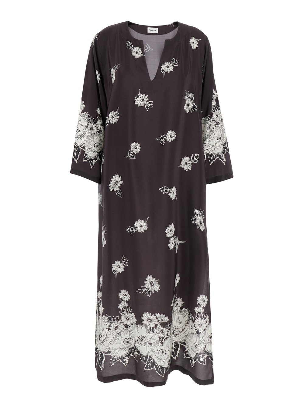 P.a.r.o.s.h Black And White Long Dress With V-neck And All-over Floral Printed Pattern In Silk Woman In White/black