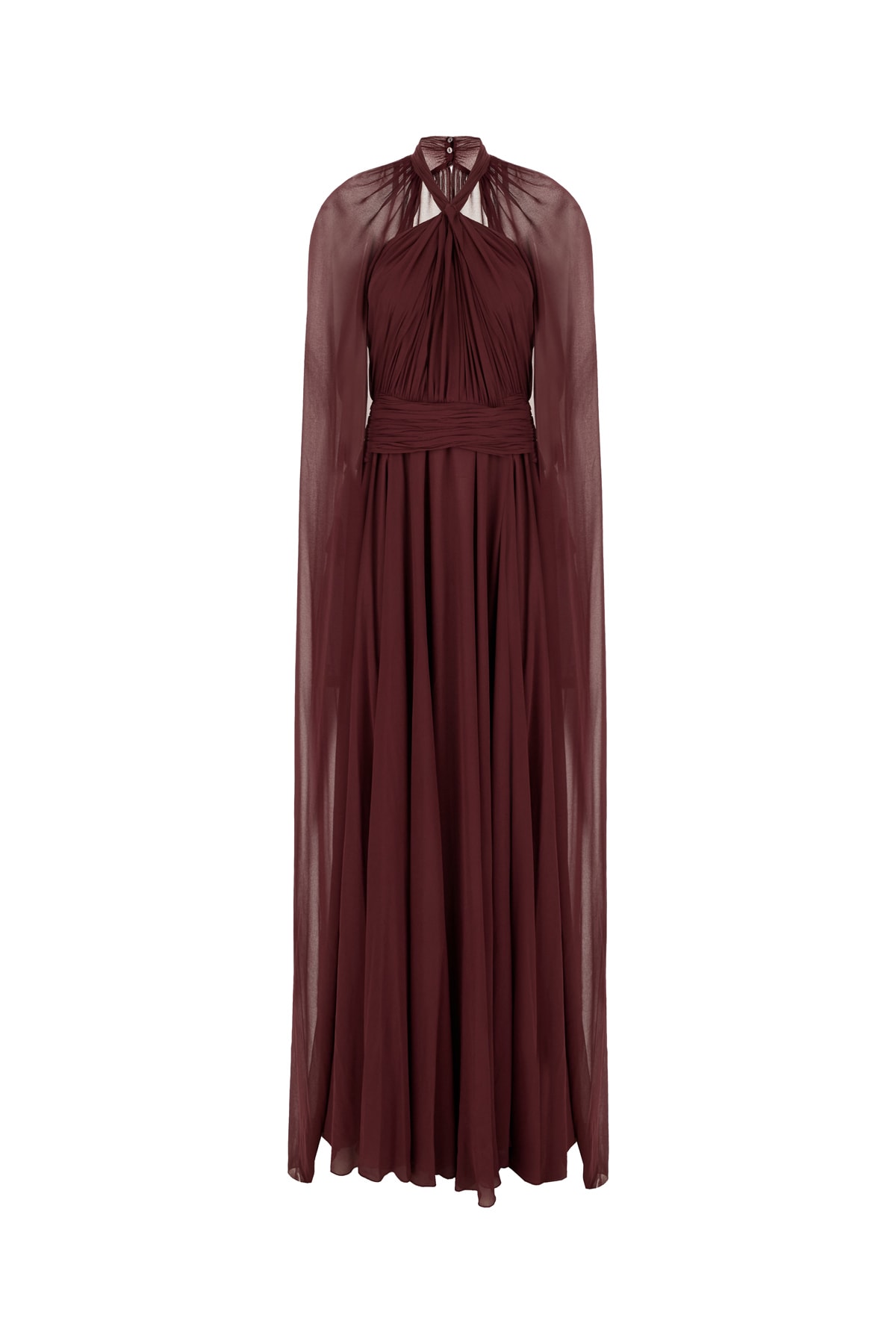 Genny Overlay Cape Draped Halter Neck Dress In Brown