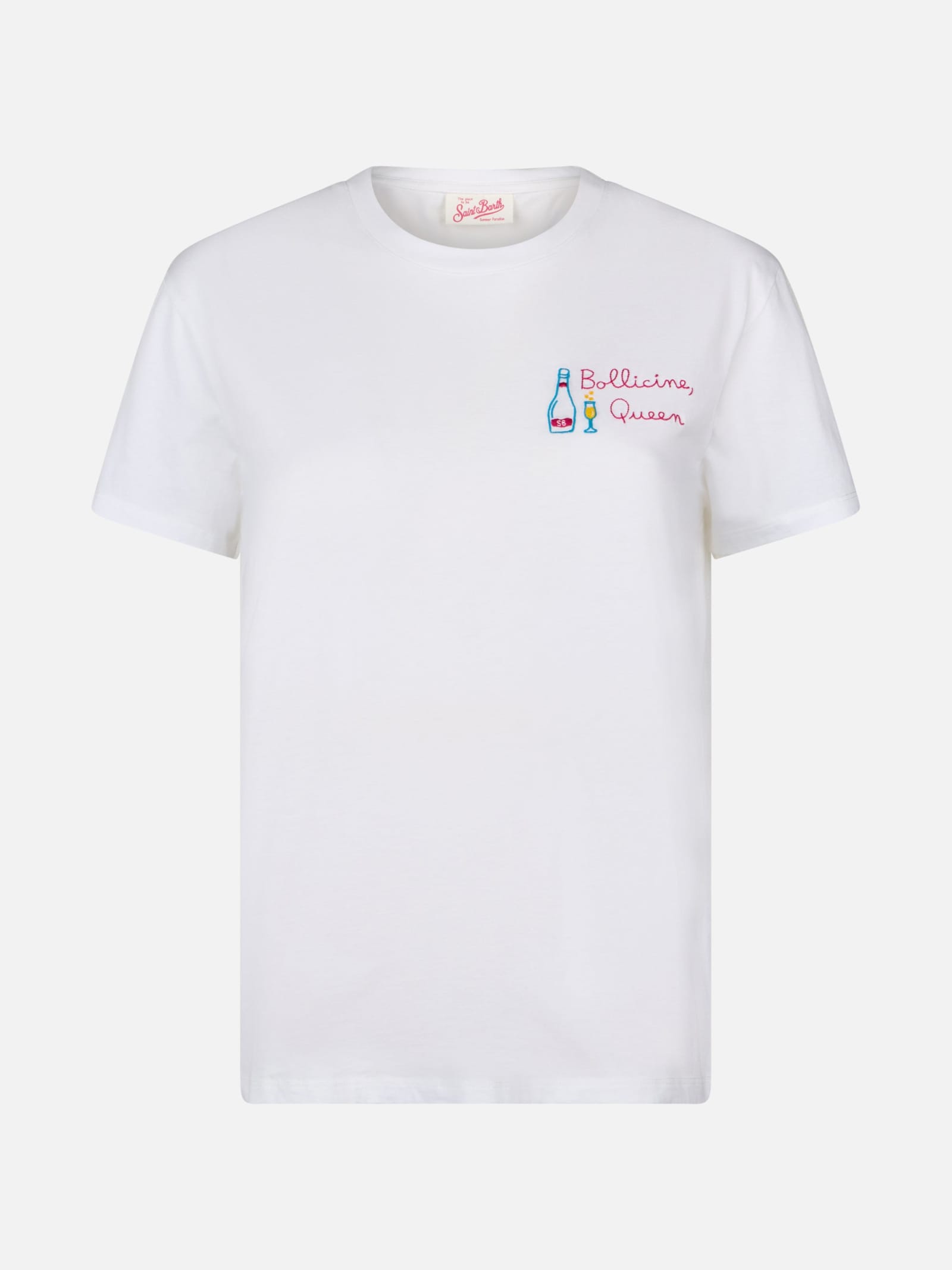 Mc2 Saint Barth Woman White Cotton Jersey Crewneck T-shirt Emilie With Bollicine Queen Embroidery In White