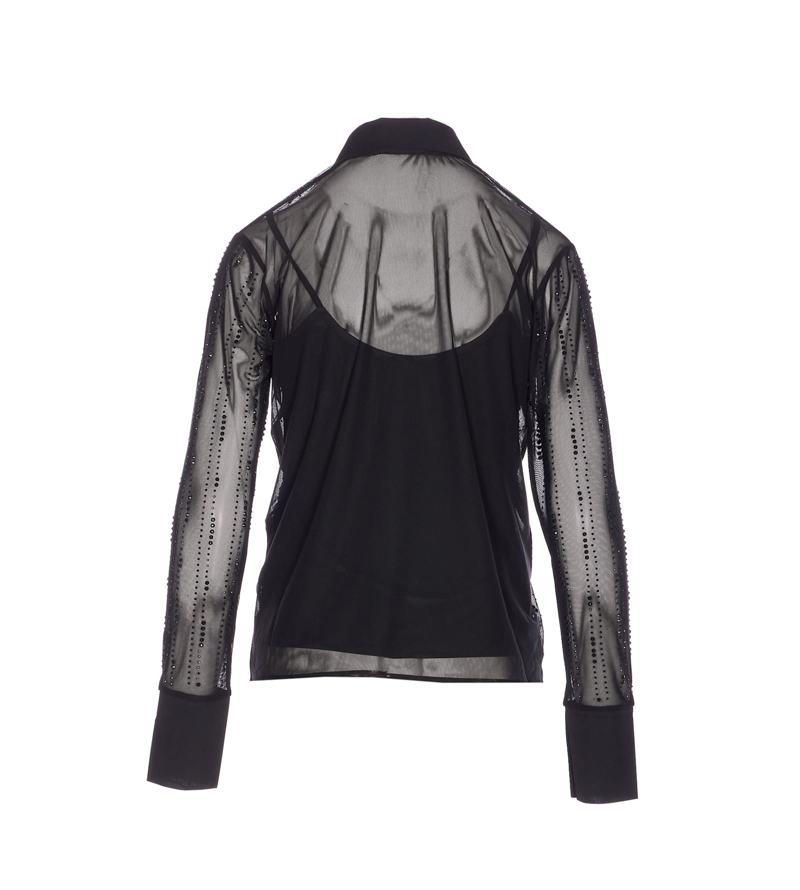 Liu •jo Long Sleeve Sheer Shirt With Crystal Embellishments In Black