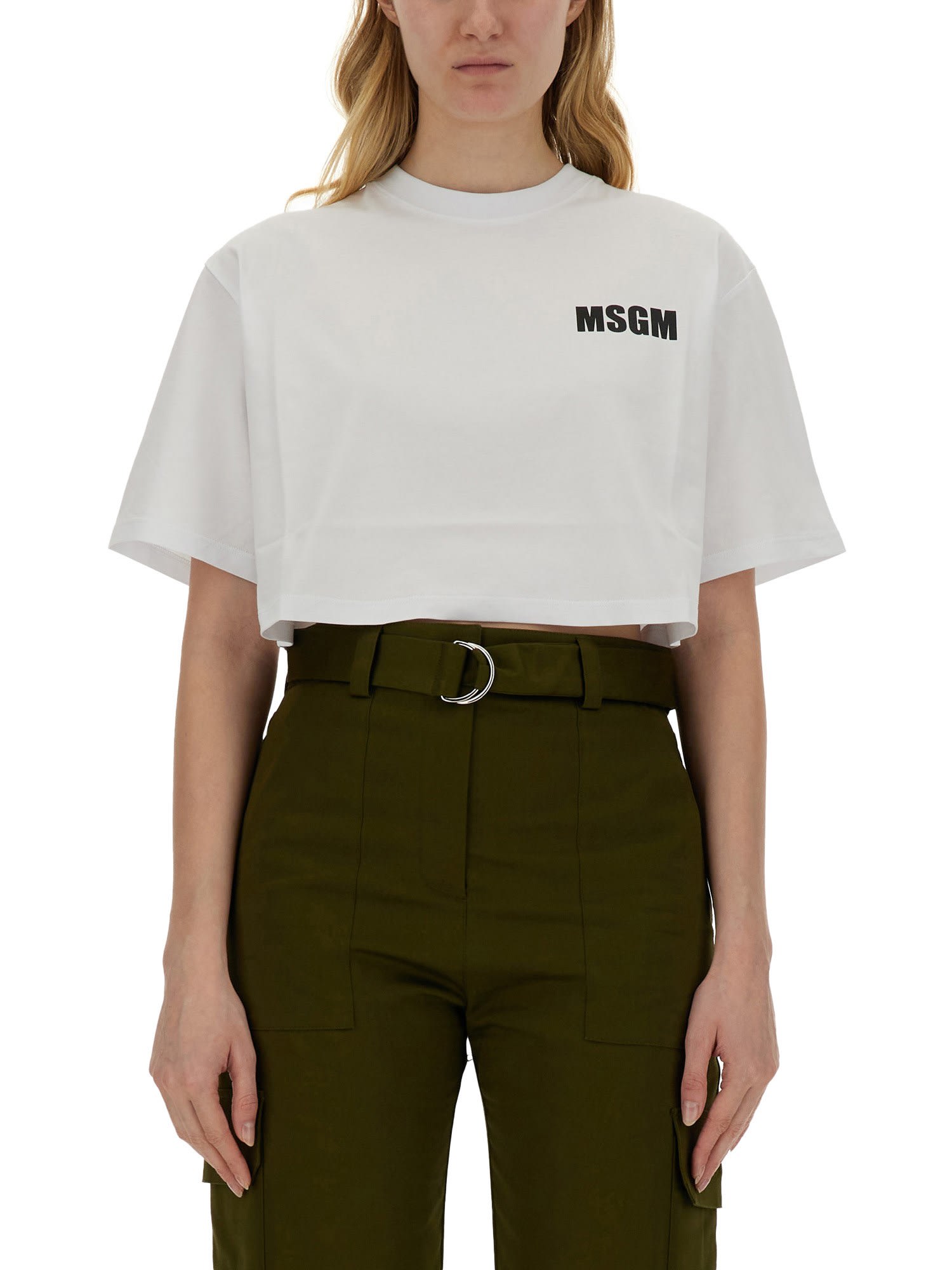 Shop Msgm Logo Cropped T-shirt In Optical White