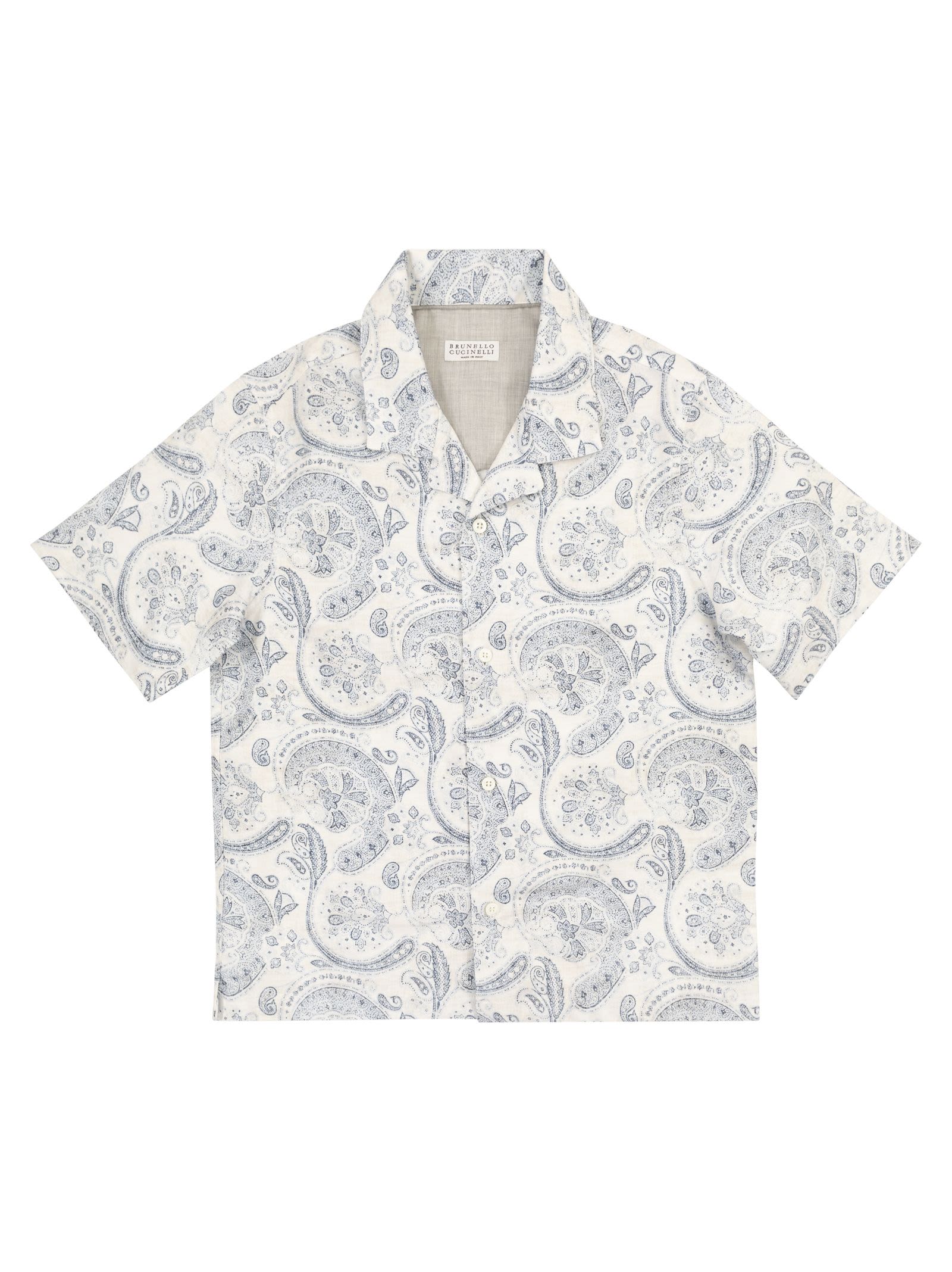 Brunello Cucinelli Kids' Paisley Print Linen Short-sleeved Shirt With Camp Collar In White/blue