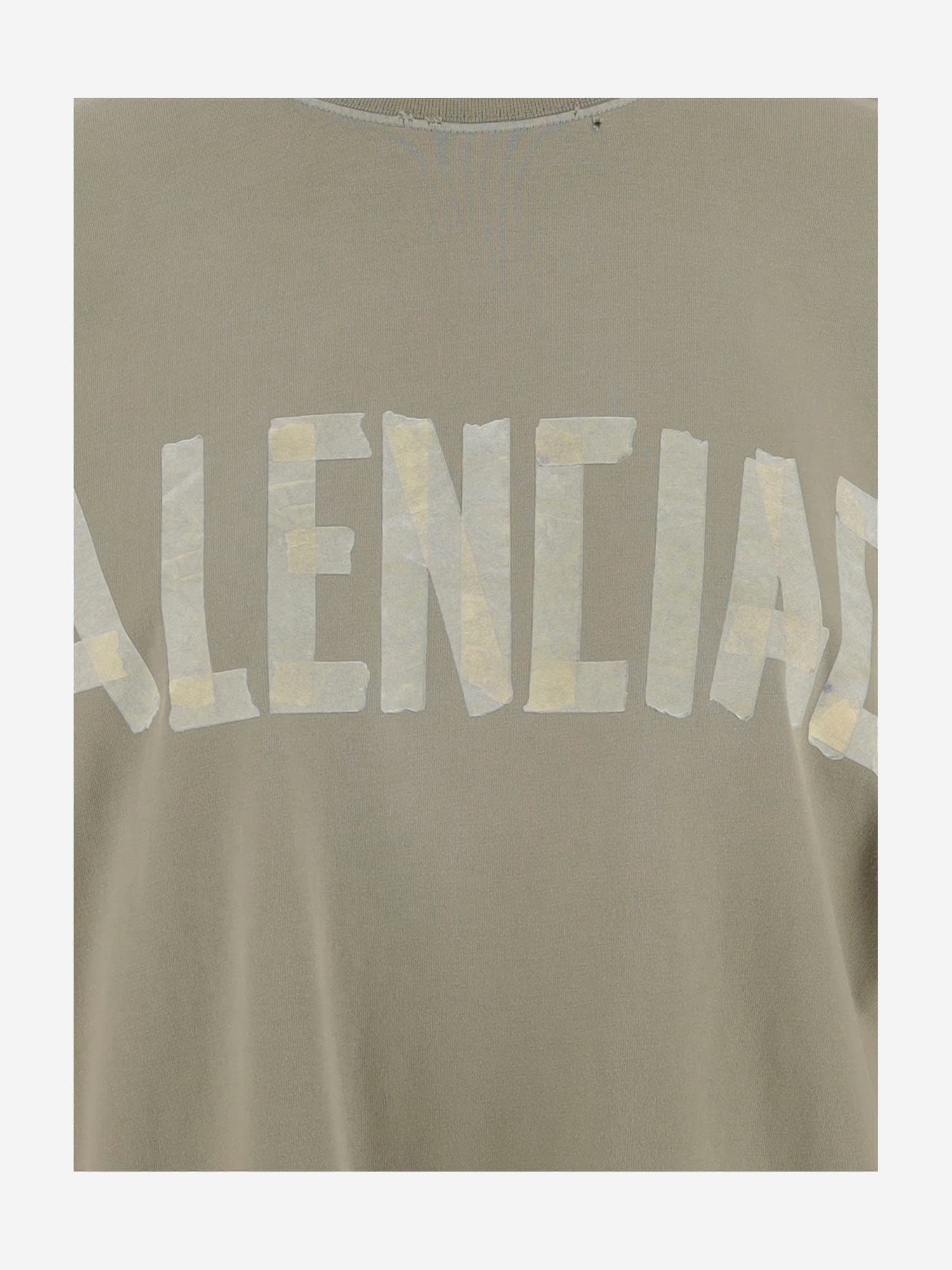 Balenciaga Crew Neck Distressed Neckline Graphic Print In Green