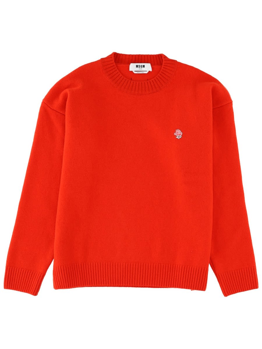 Msgm Ribbed Neckline Knit Sweater And Cuffs In Red