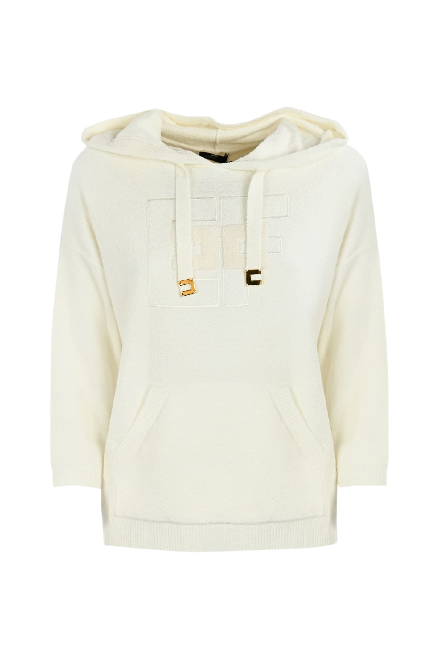Elisabetta Franchi Bouclé Cotton Sweatshirt With Logo On The Front In Avory