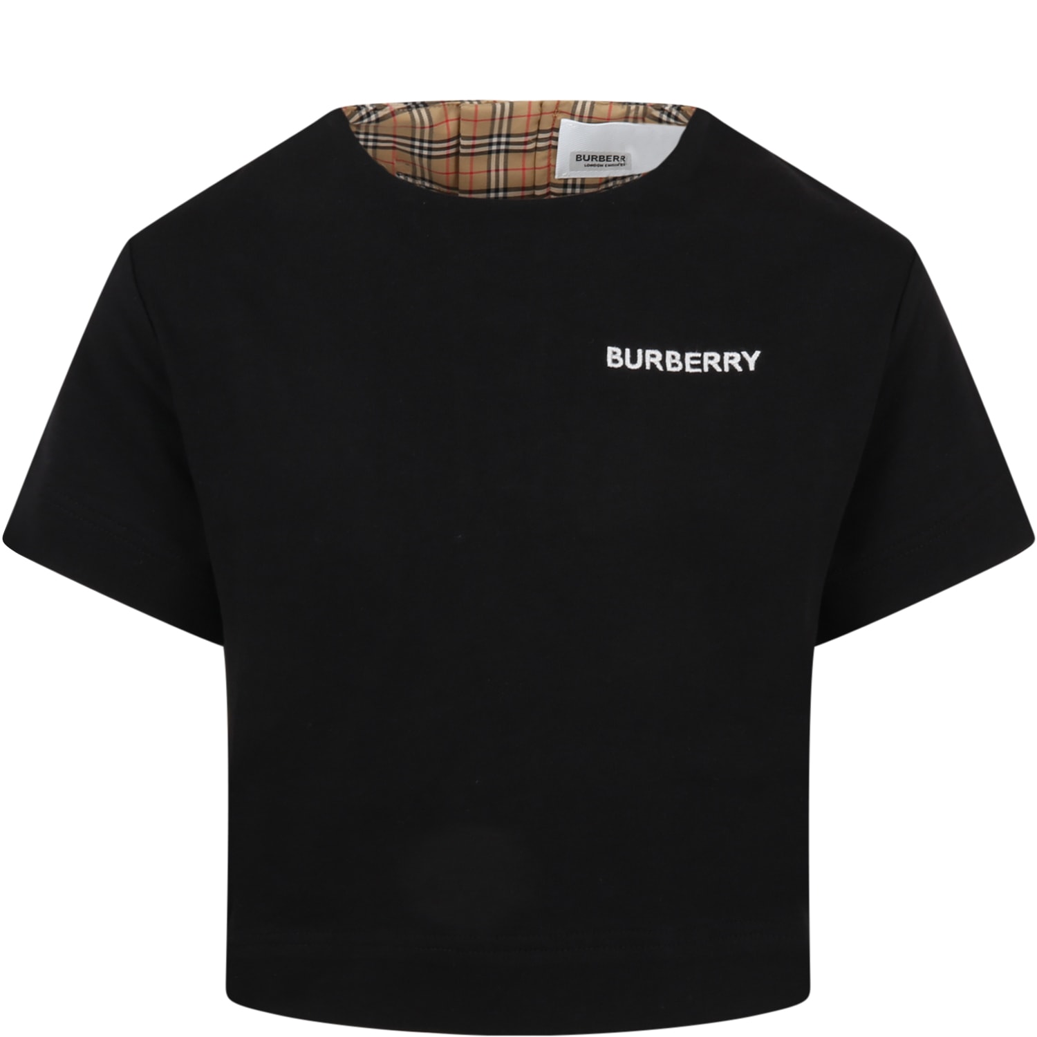 Burberry Black T-shirt For Girl With Iconic Check Vintage And White Logo