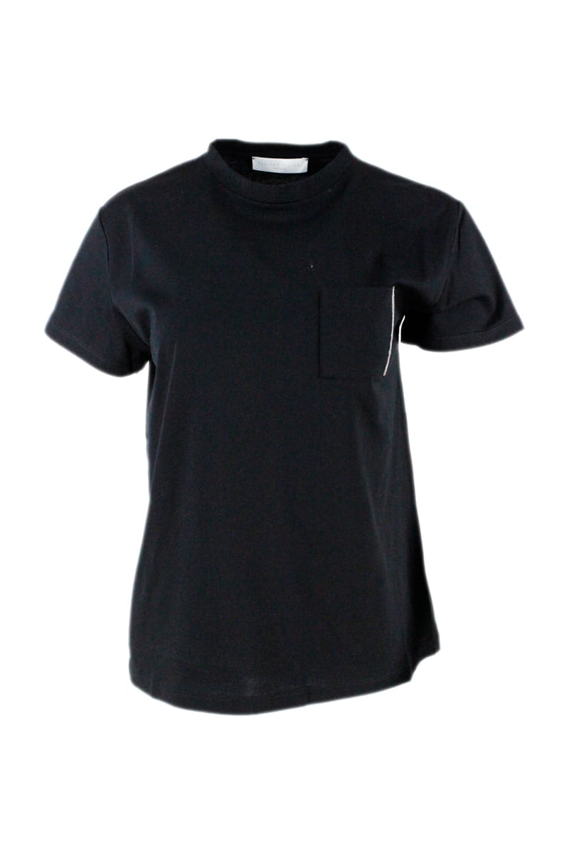 Fabiana Filippi Cotton Short-sleeved Crew Neck T-shirt With Monili On The Pocket
