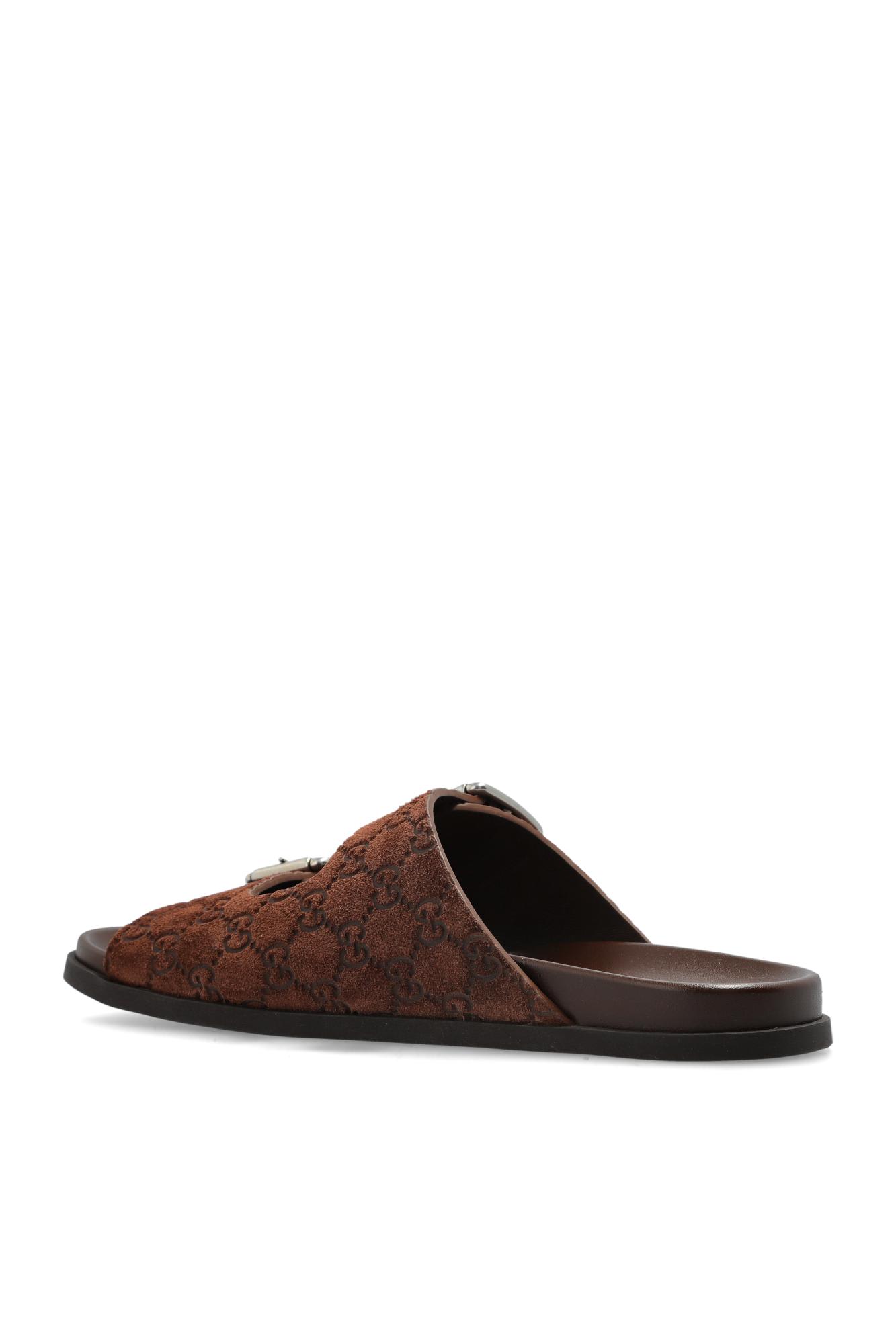 Gucci Men Logo Embossed Leather Slides In Brown