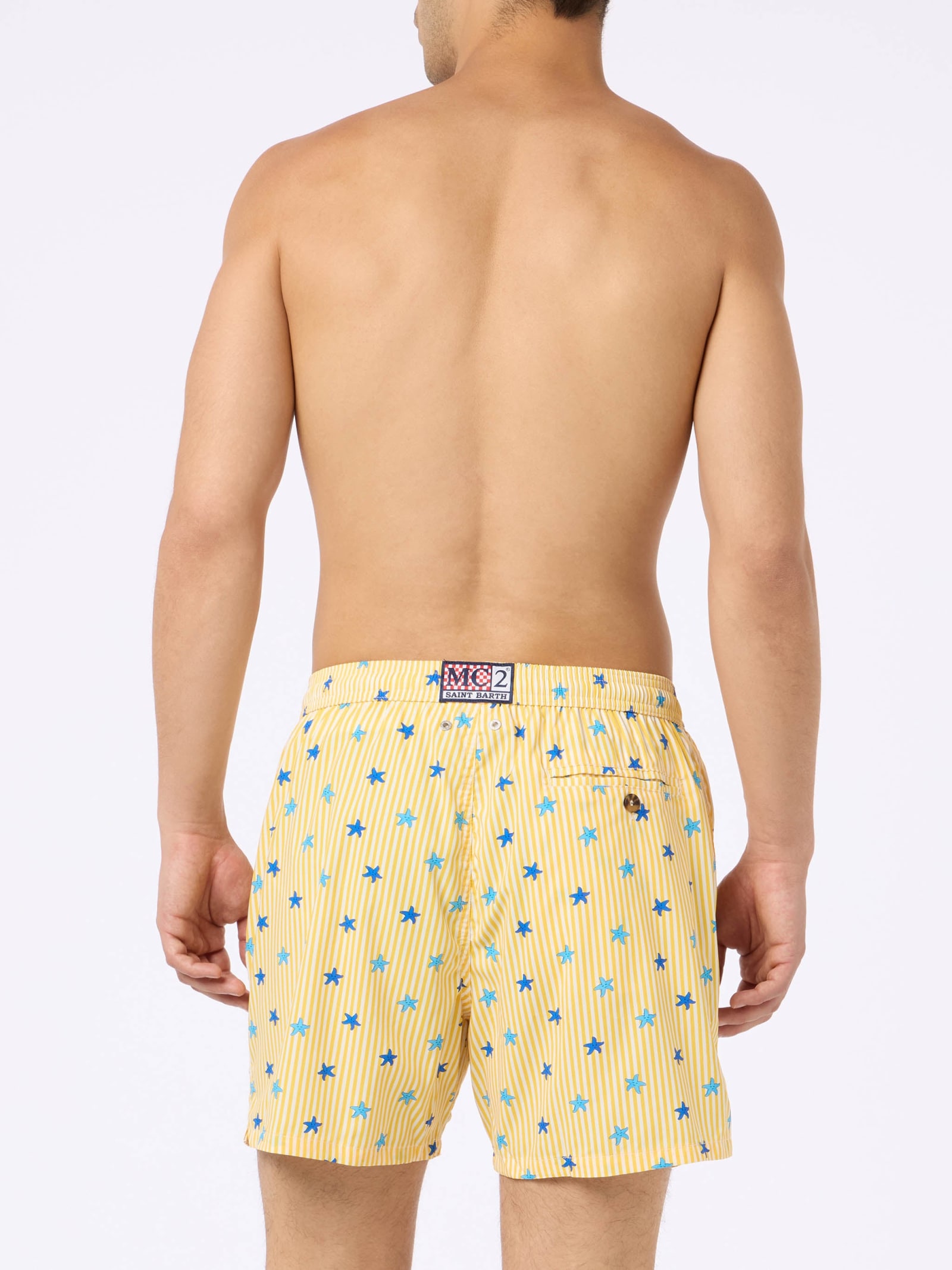 Mc2 Saint Barth Man Comfort Light Swim Shorts With Starfishes Print In Yellow