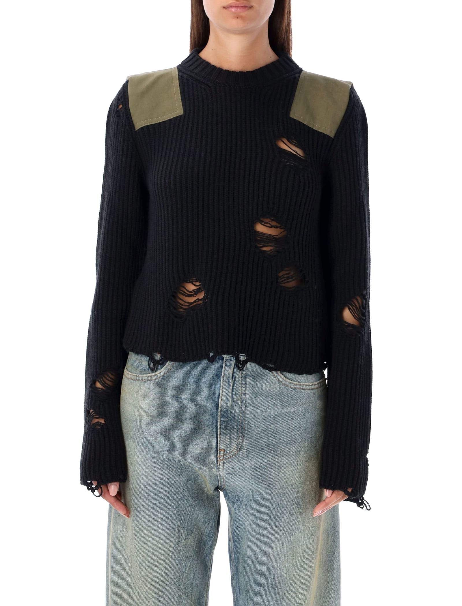 Mm6 Maison Margiela Black Shoulder Pad Distressed Jumper In Black