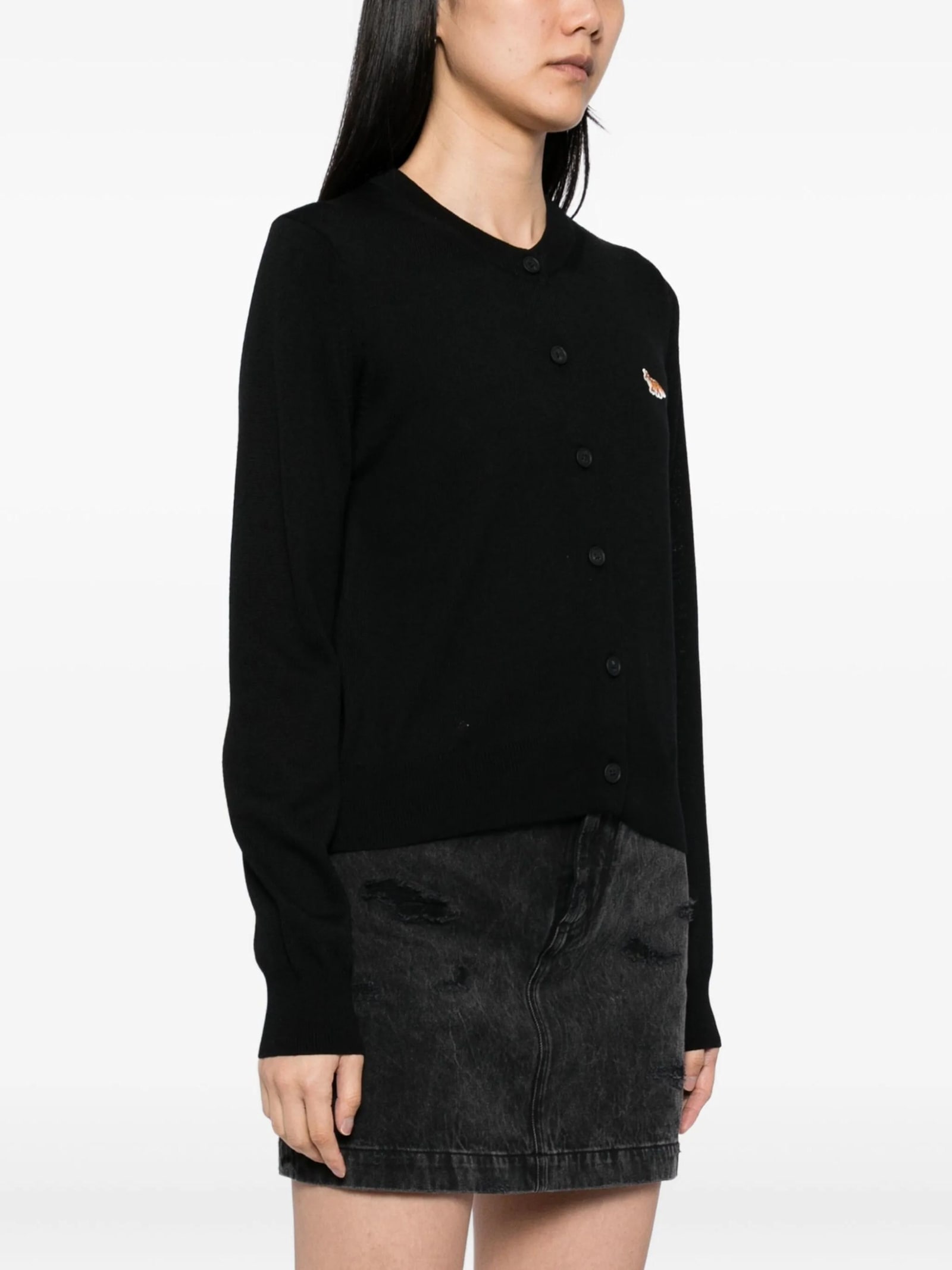 Maison Kitsuné V-neck Long Sleeve Wool Cardigan In Black