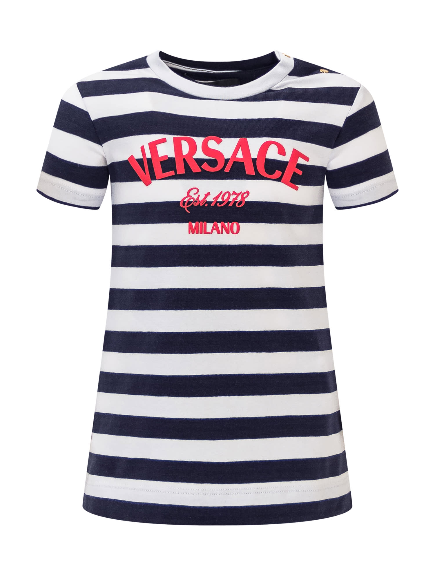 Shop Young Versace Logo Dress In Navy-bianco-rosso