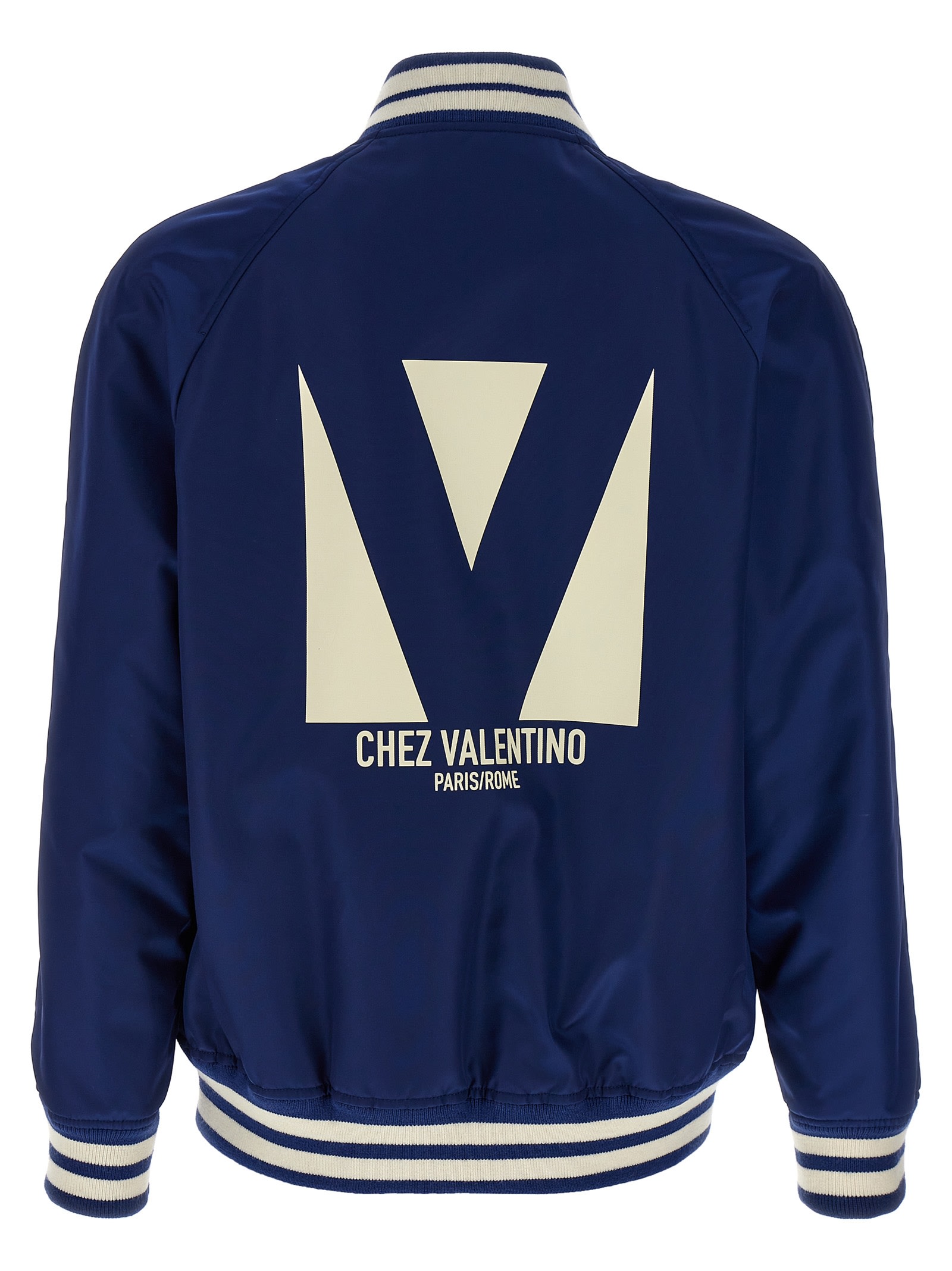 Valentino Blue Bomber Jacket In Printed Polyamide With Zip And High Collar In Blue