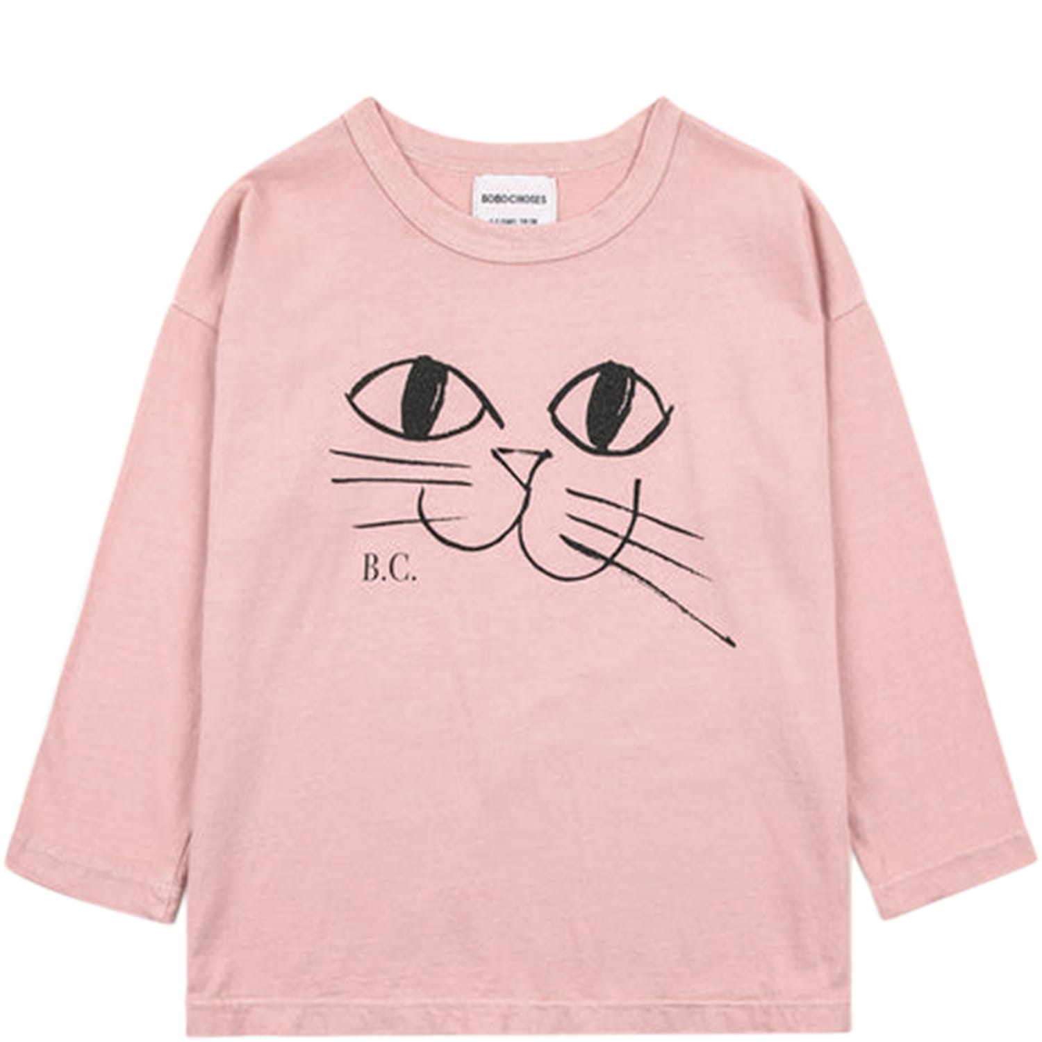 BOBO CHOSES PINK T-SHIRT FOR GIRL WITH CAT PRINT AND LOGO