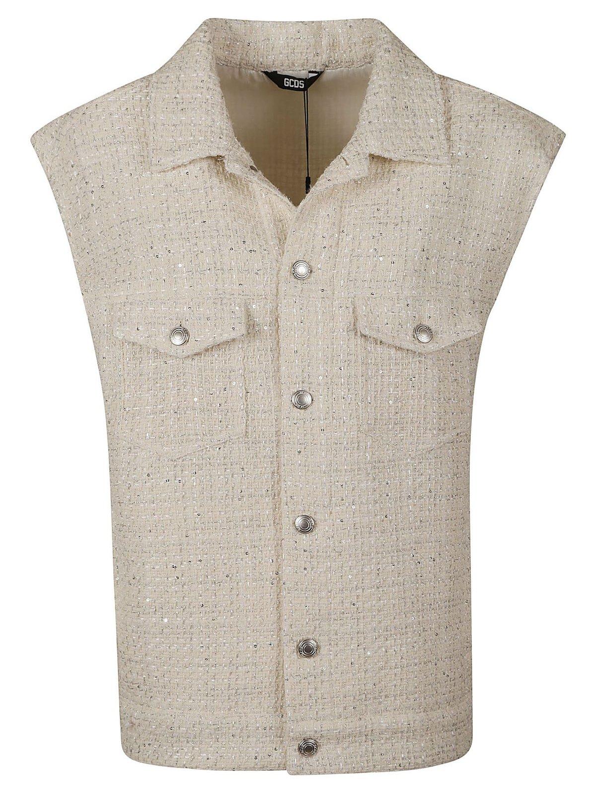 Shop Gcds Tweed Sleeveless Jacket In Off White