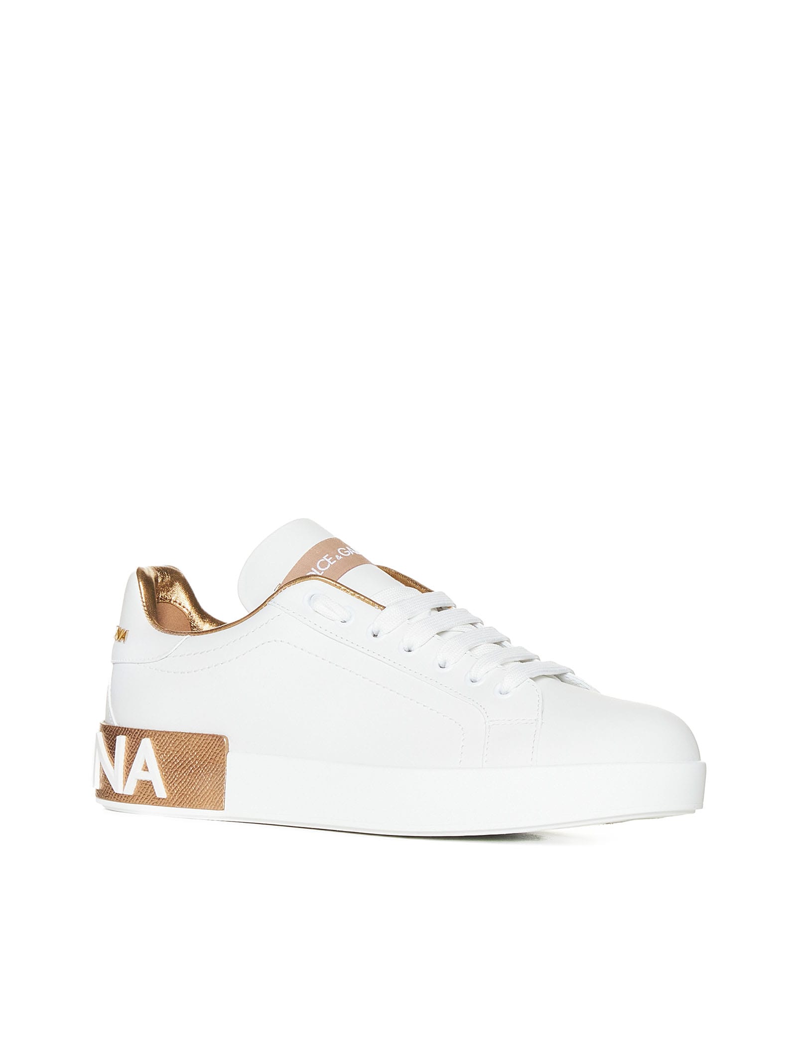 Dolce & Gabbana Portofino White And Gold Low Top Sneakers With Logo In Leather Woman In White