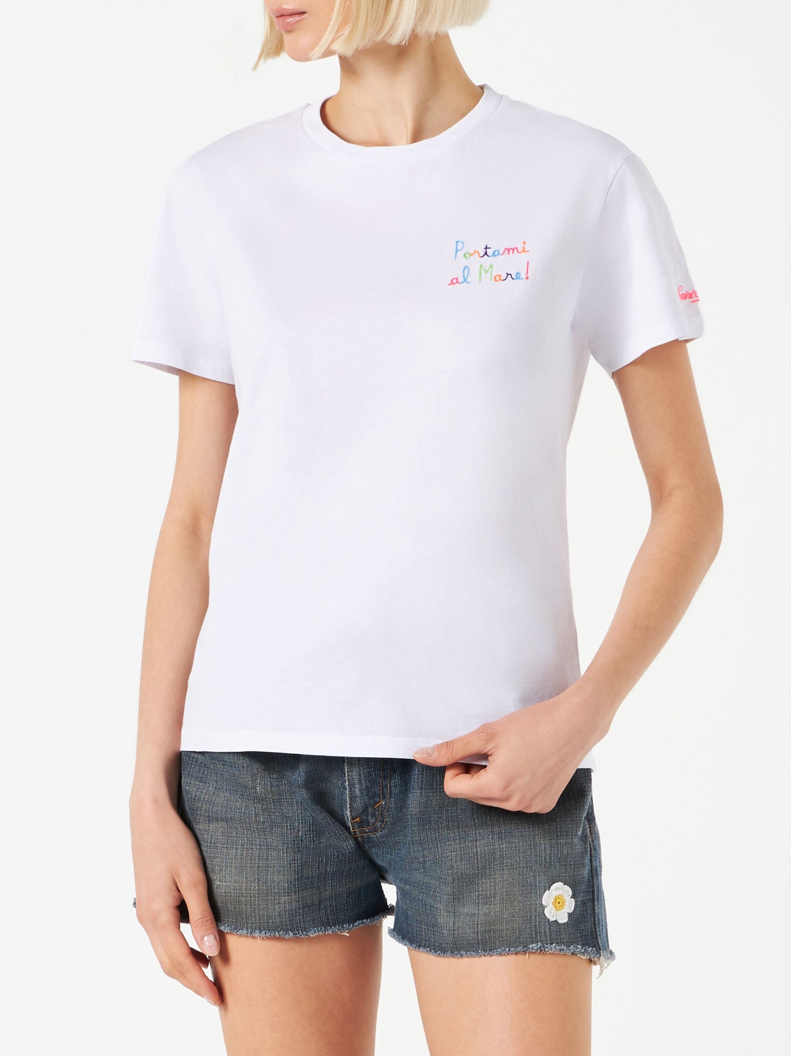 Woman Cotton T-shirt With Portami Al Mare! Embroidered