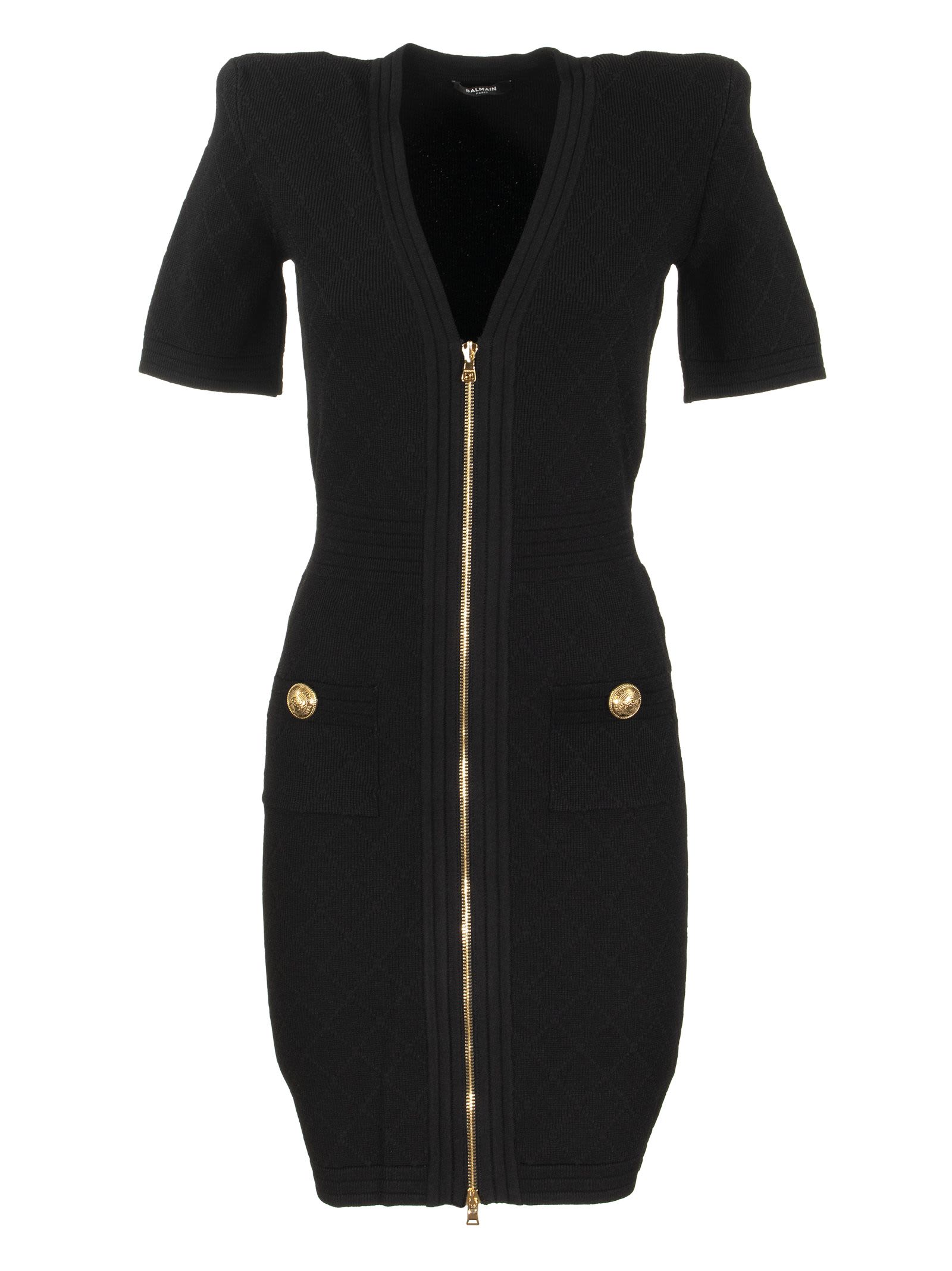Balmain Short Black Knit Dress With Gold-tone Zip Closure