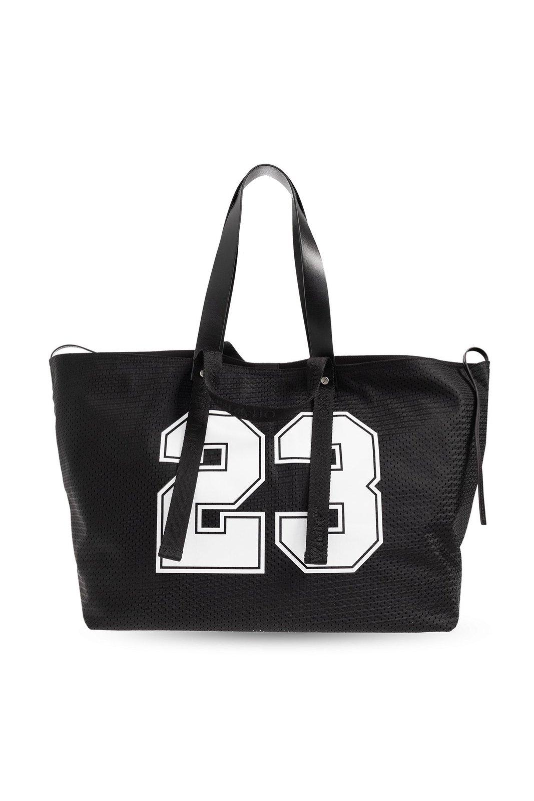 Shop Off-white Logo Printed Mesh Top Handle Bag In Black Whit