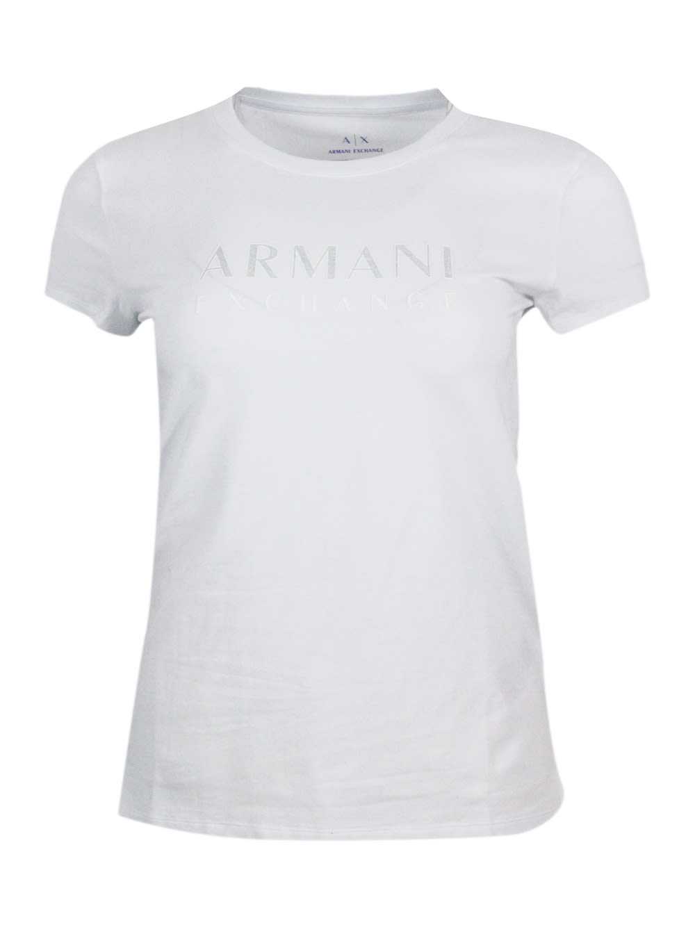 Armani Collezioni Short-sleeved Crew-neck T-shirt With Logo On The Chest In Stretch Cotton And Lurex Logo Writing In White
