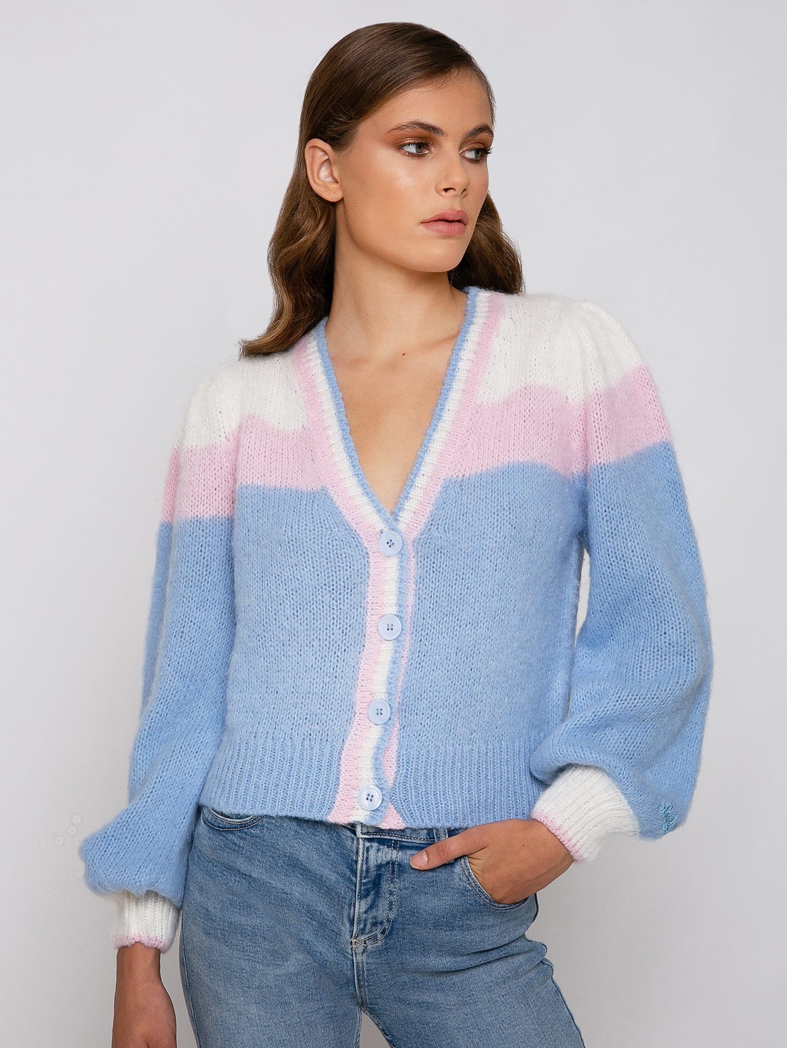 Brushed Knit Crop Cardigan With Puff Sleeves