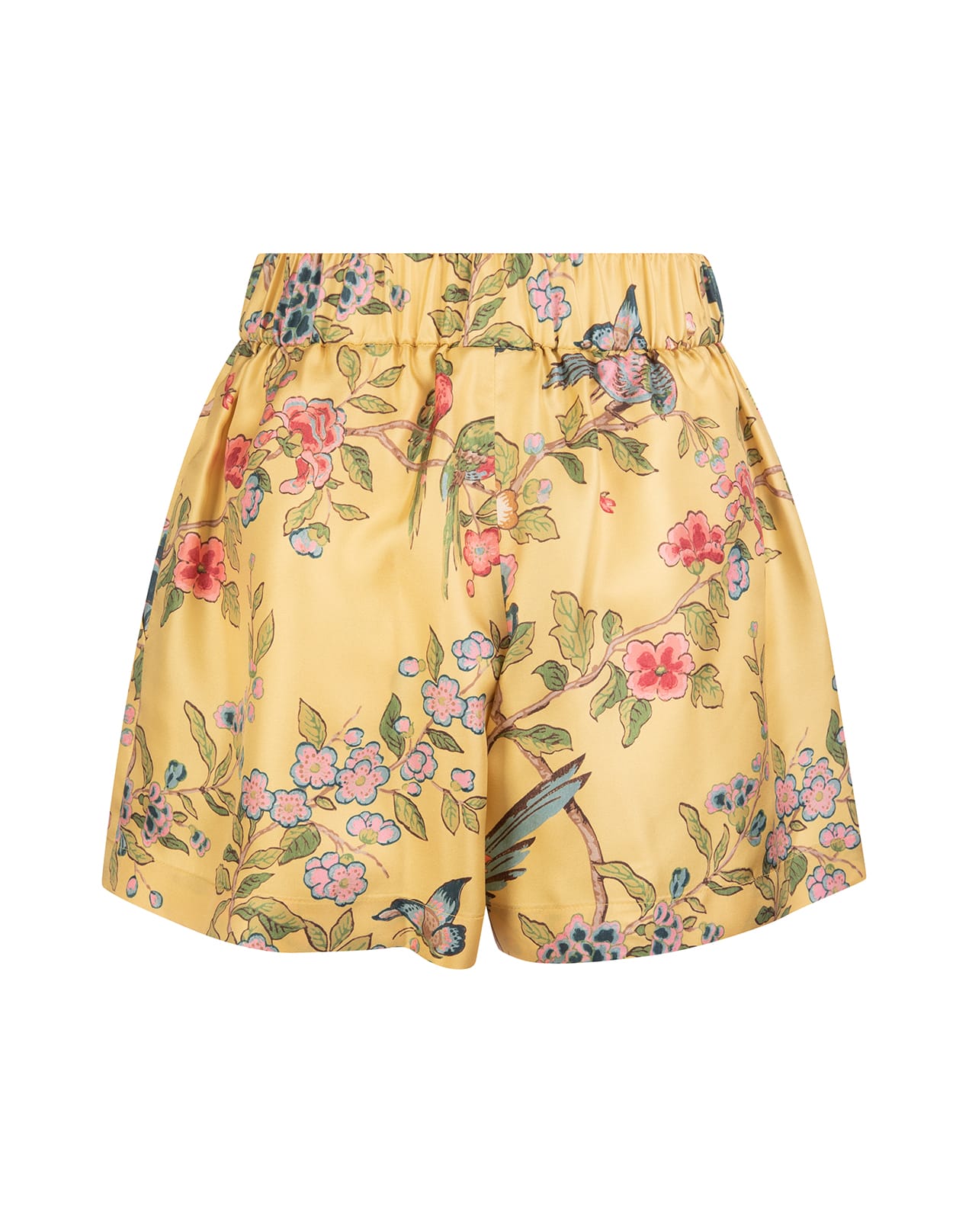RED VALENTINO WOMAN YELLOW SILK SHORTS WITH EDEN TREE PRINT
