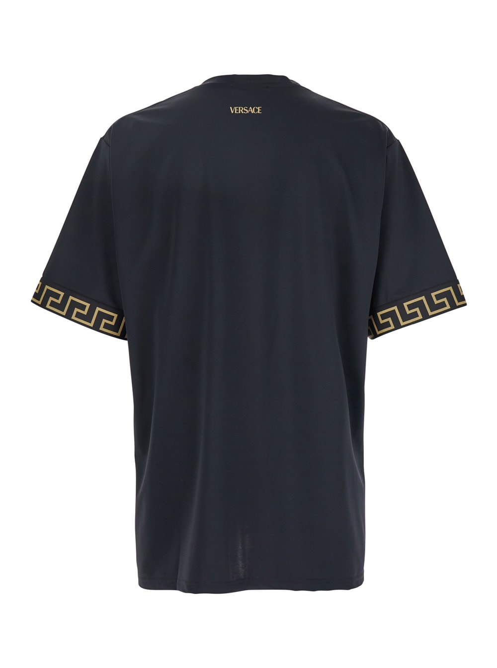 Black Crewneck T-shirt With Greca Pattern On The Sleeves In Tech Fabric Man