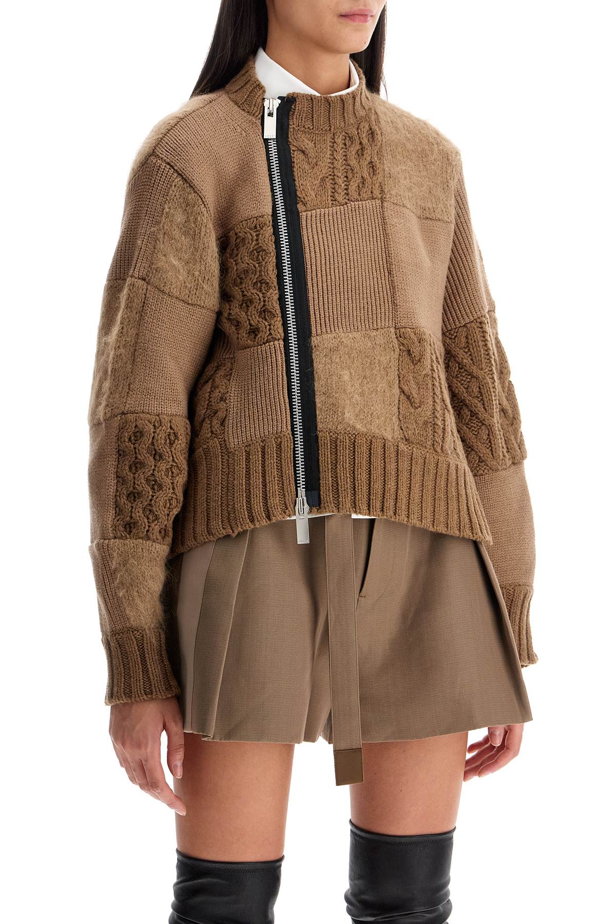 Shop Sacai Patchwork Zip-up Jersey Shirt In Beige (brown)