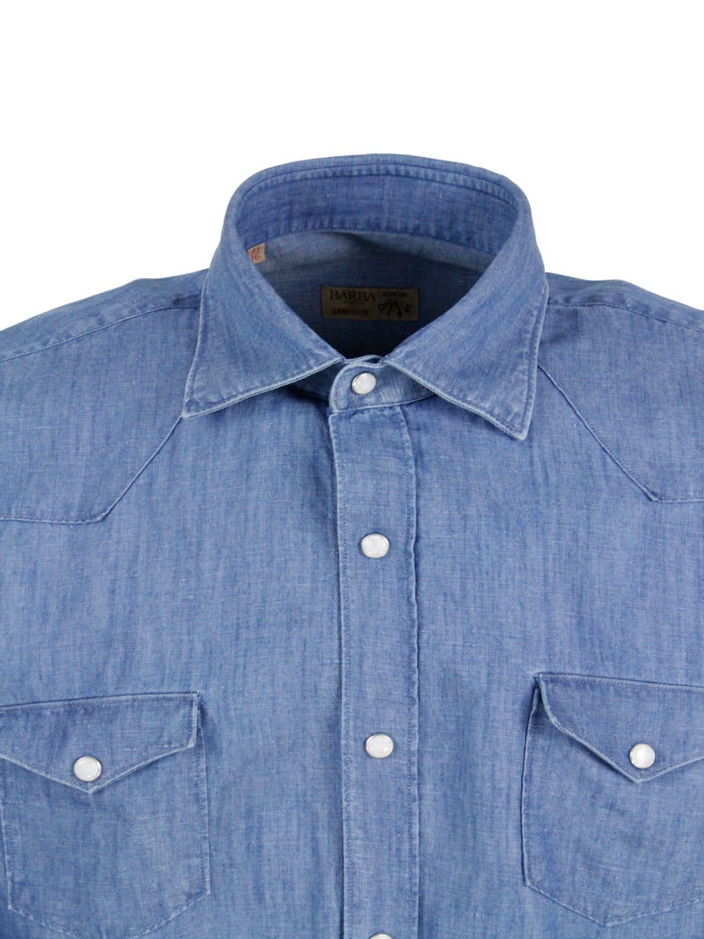 Shop Barba Napoli Dandylife Shirt In Light Denim With Hand-stitched Italian Collar And Front Pocket Counters. The Butt