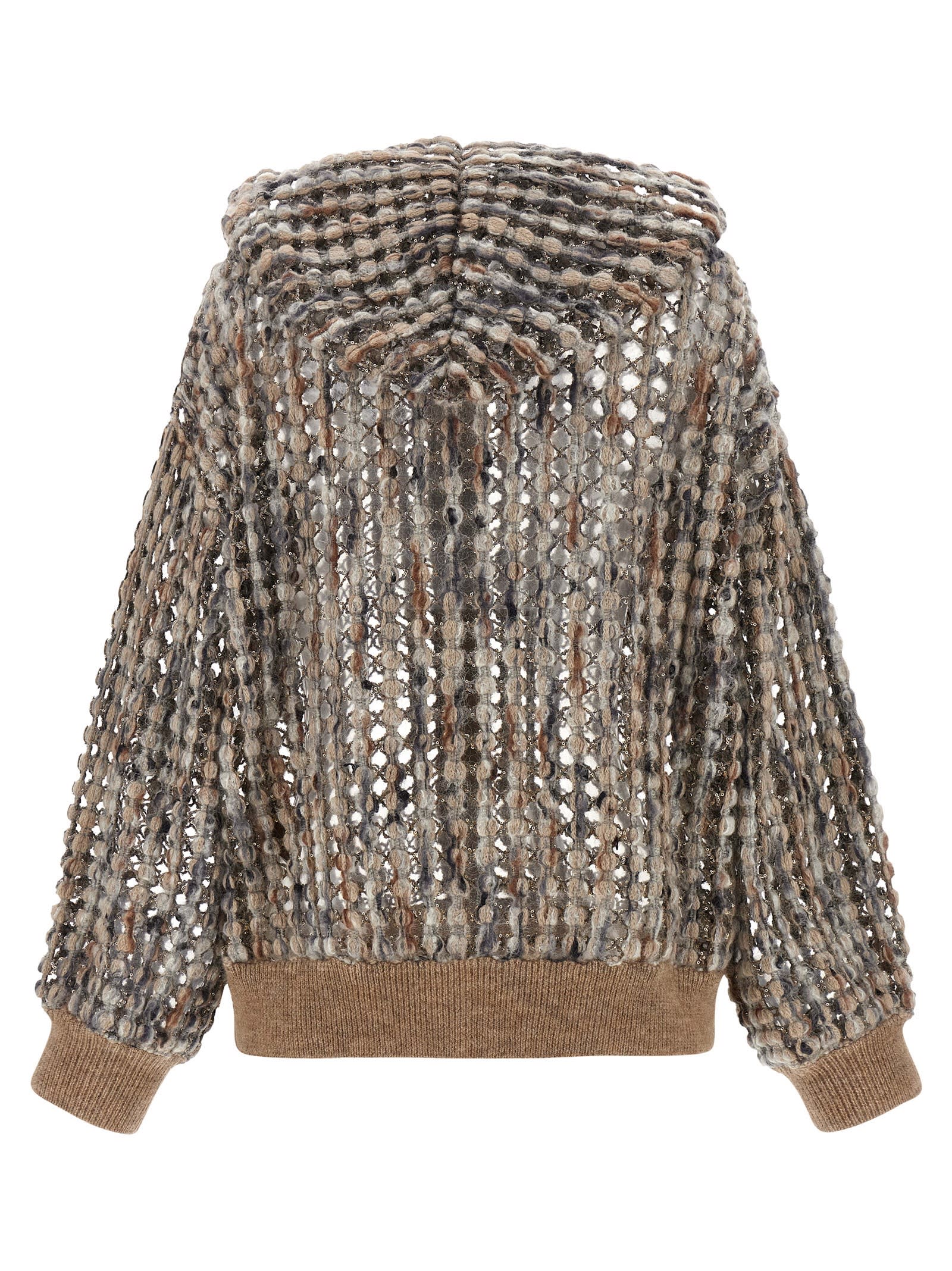 Brunello Cucinelli Pailette Wool-cashmere Net Balloon-sleeve Zip Hoodie In Multi