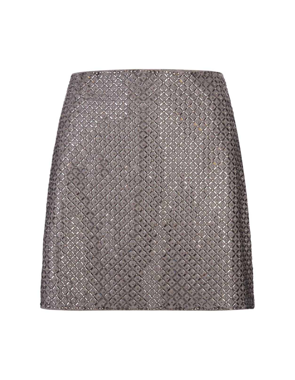 Grey Short Skirt With Geometric Crystal Pattern All-over