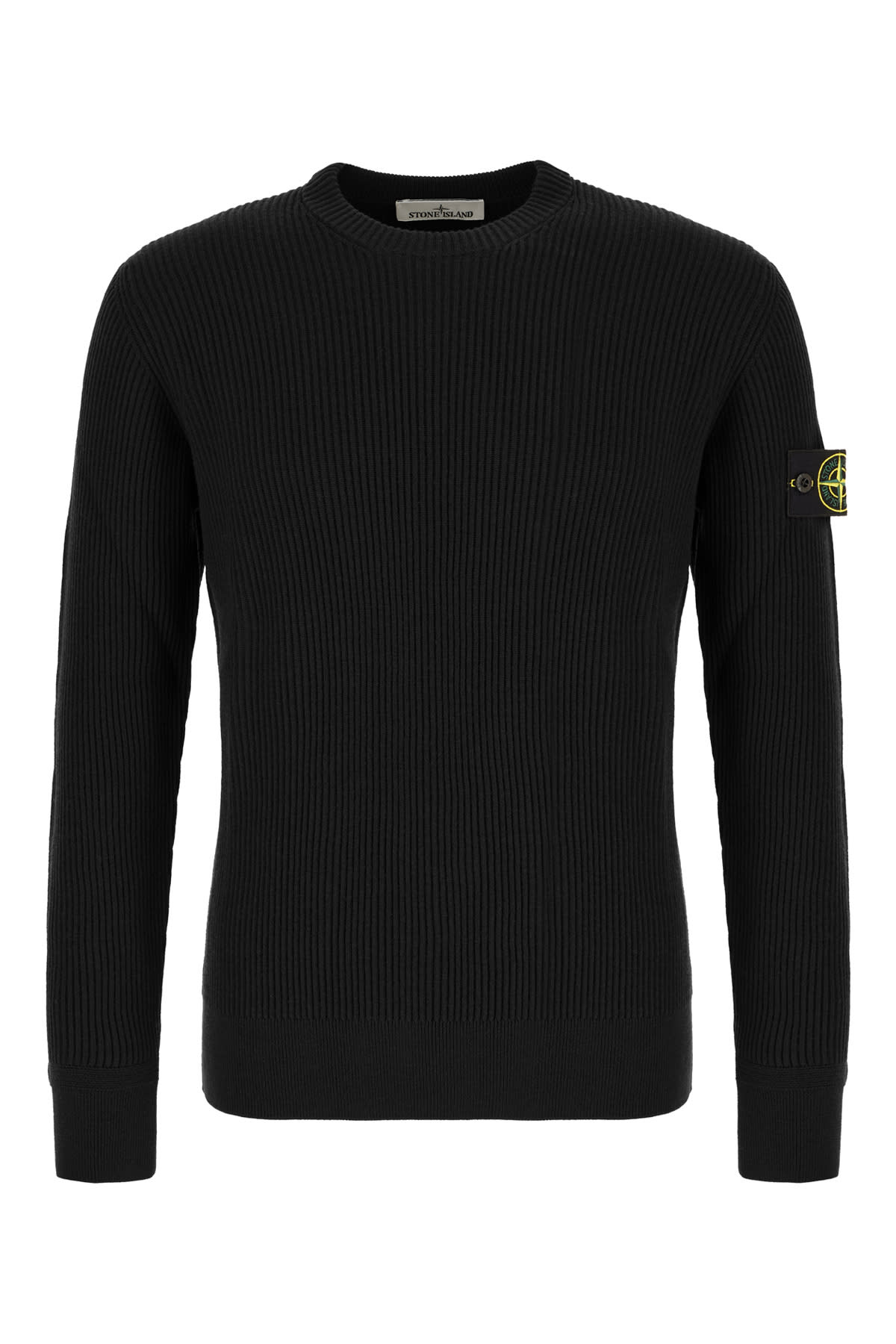 Stone Island Ribbed Wool Sweater With Distinctive Logo Patch In Black