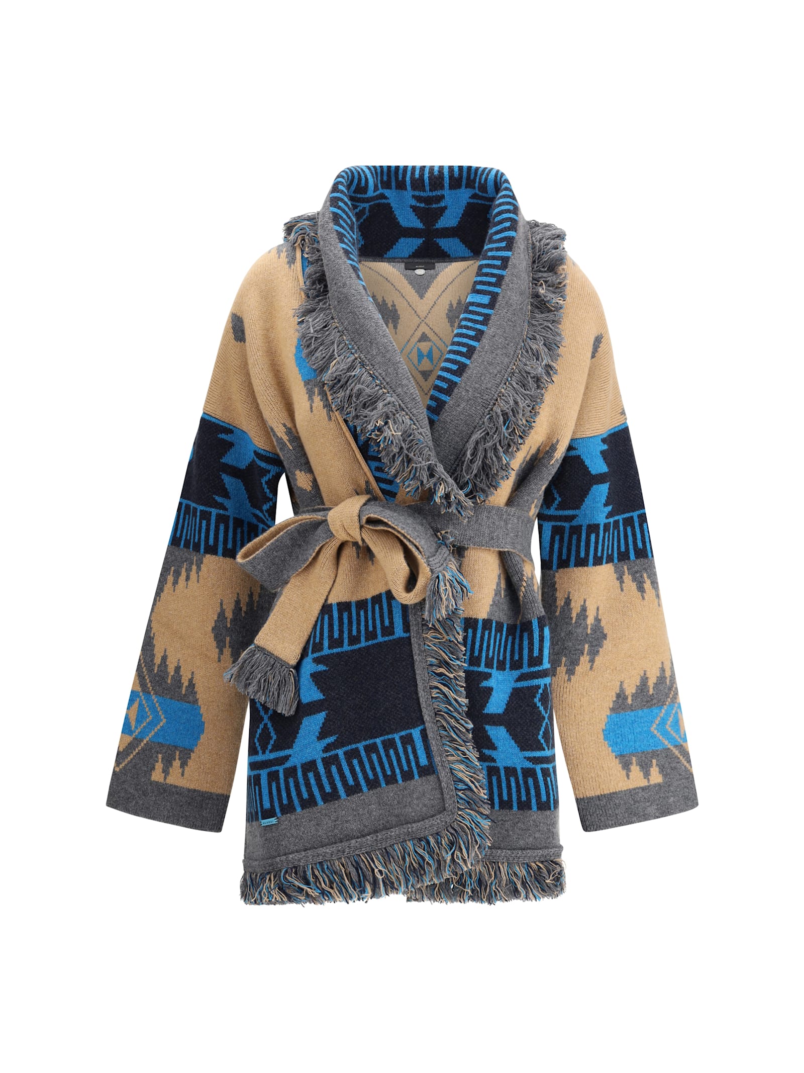 Alanui Geometric Jacquard Belted Fringe Cardigan In Multi