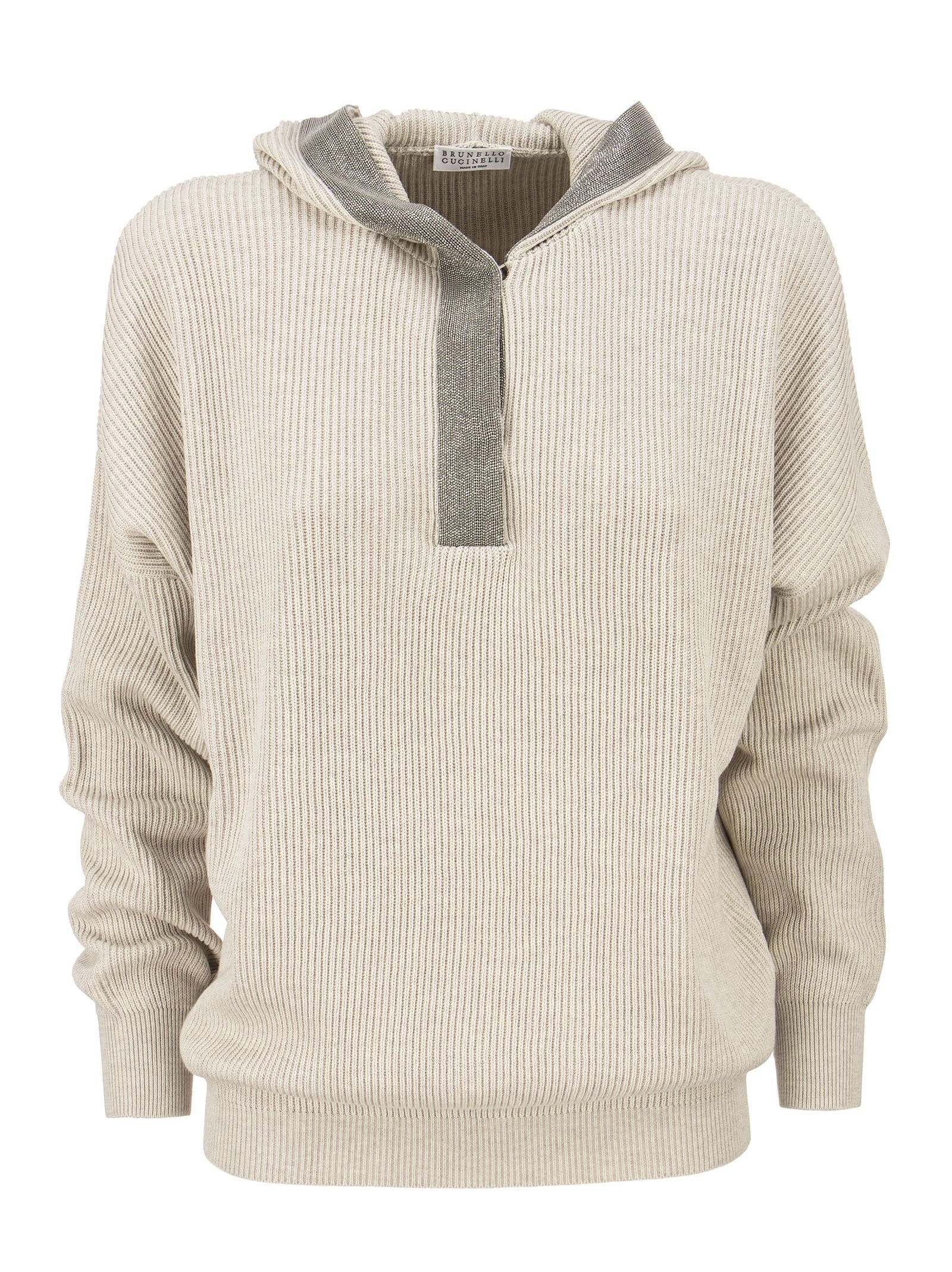 Brunello Cucinelli Cotton English Rib Hooded Sweater With Precious Contour